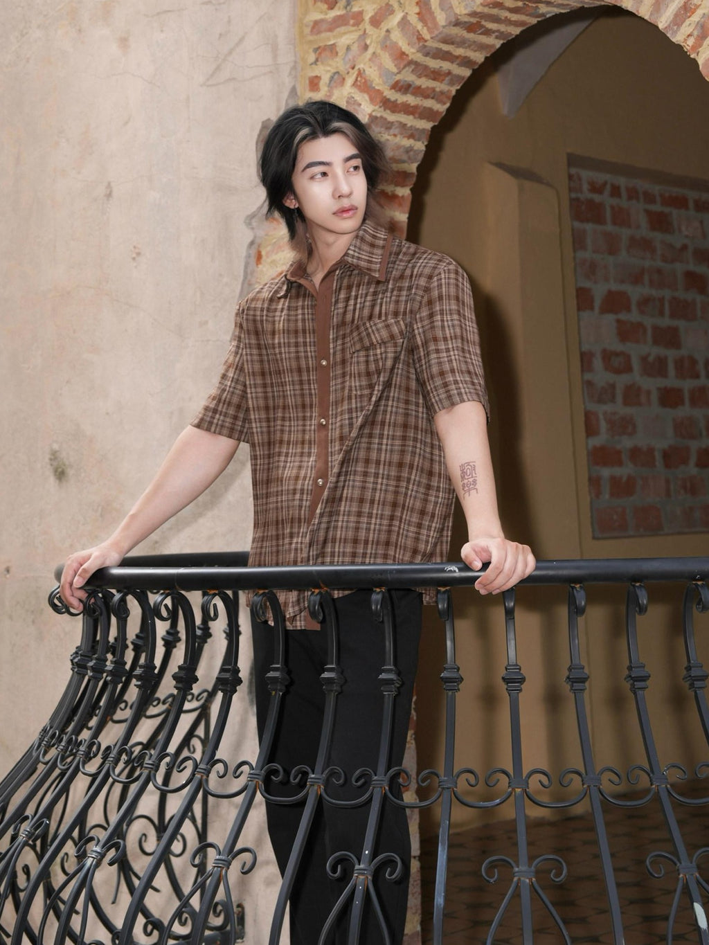 BALITONE Wrinkle Free Loose Fit Patchwork Plaid Collared Unisex Short Sleeve Shirts