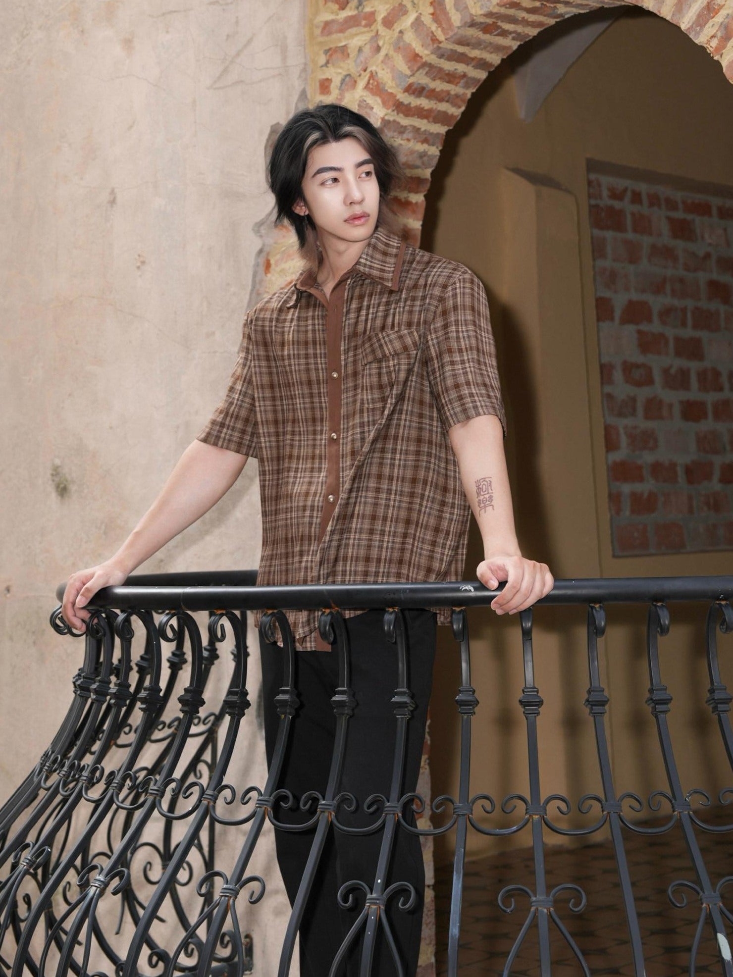 BALITONE Wrinkle Free Loose Fit Patchwork Plaid Collared Unisex Short Sleeve Shirts