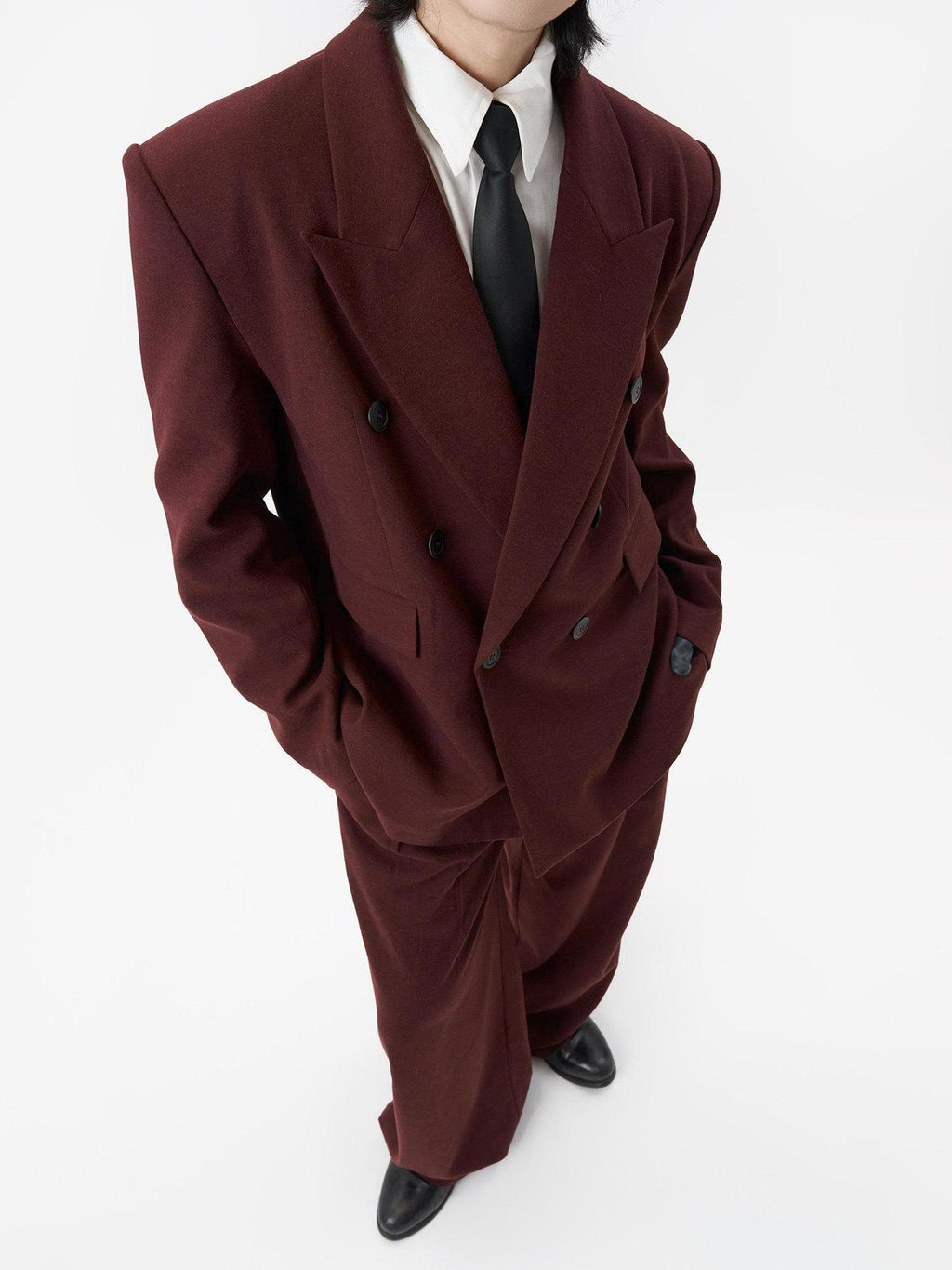 BALITONE Burgundy Black Buttoned Peak Lapel Business Casual Rear Vent Oversized Suits