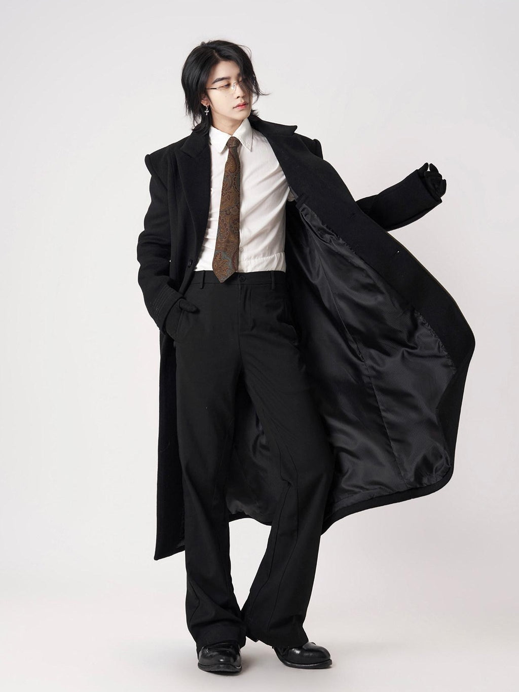 BALITONE Warm Wool Blend Embroidered Button Slim Long Unisex Urban Black Lapel Overcoats