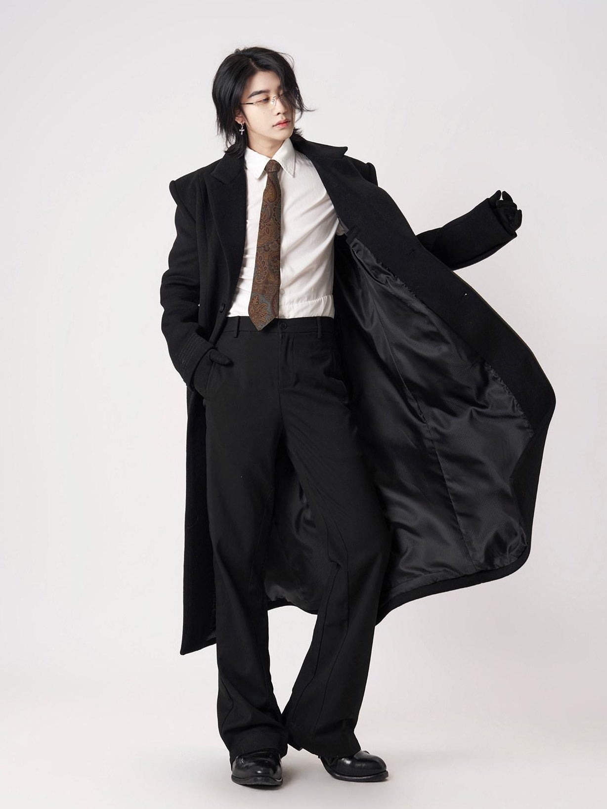 BALITONE Warm Wool Blend Embroidered Button Slim Long Unisex Urban Black Lapel Overcoats
