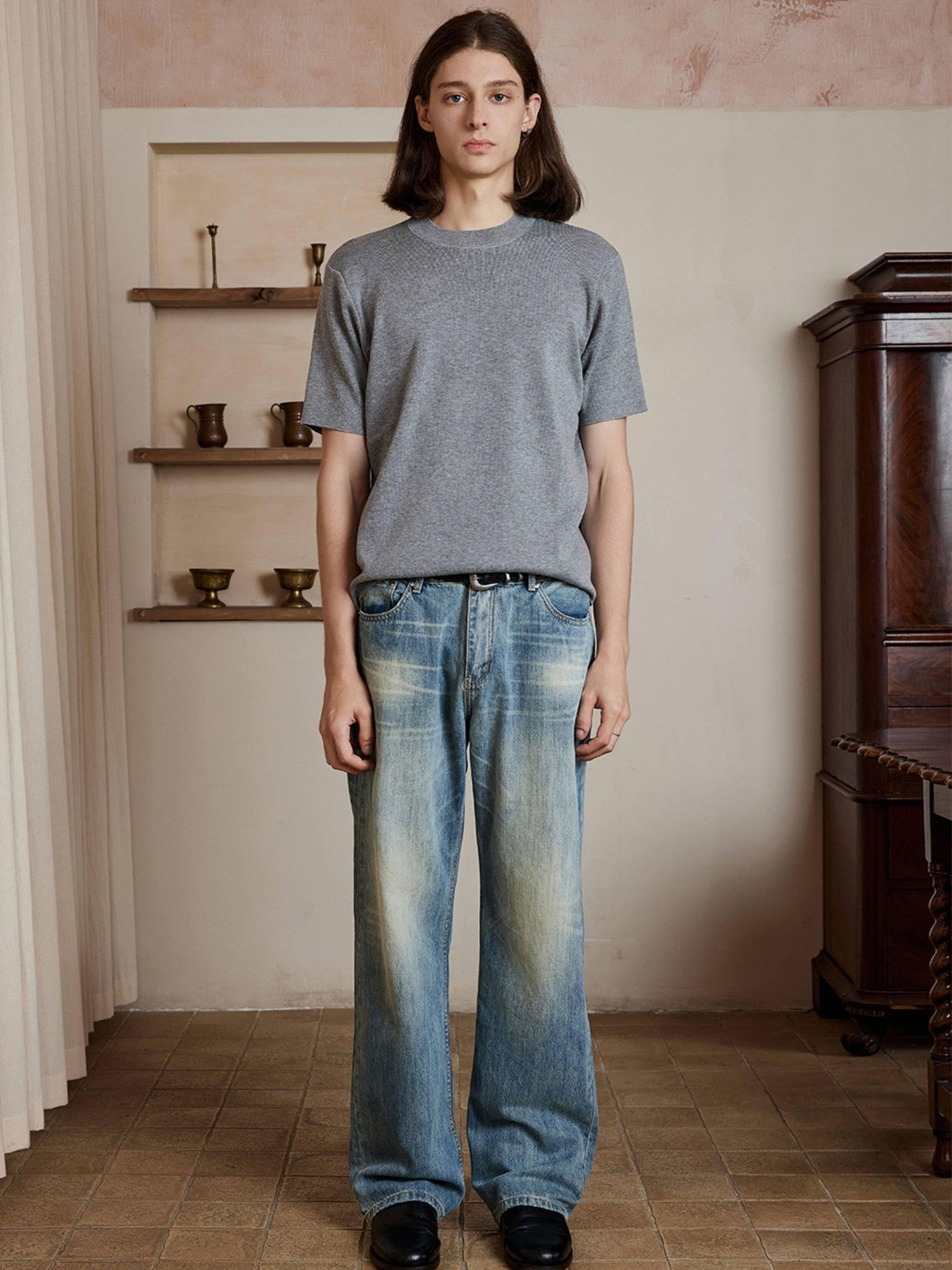 4JUNKS Washed 100% Cotton Mid Rise Loose Wide Straight Casual Denim Straight Leg Jeans