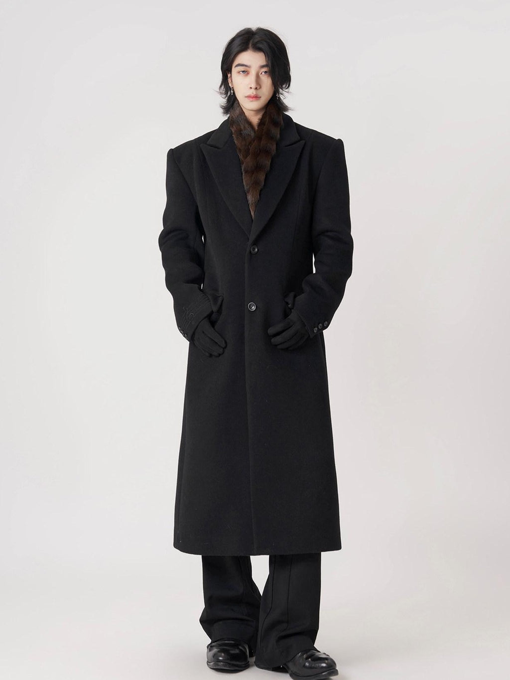 BALITONE Warm Wool Blend Embroidered Button Slim Long Unisex Urban Black Lapel Overcoats