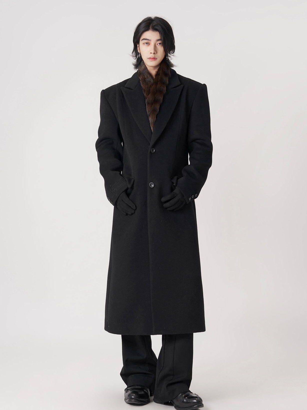 BALITONE Warm Wool Blend Embroidered Button Slim Long Unisex Urban Black Lapel Overcoats