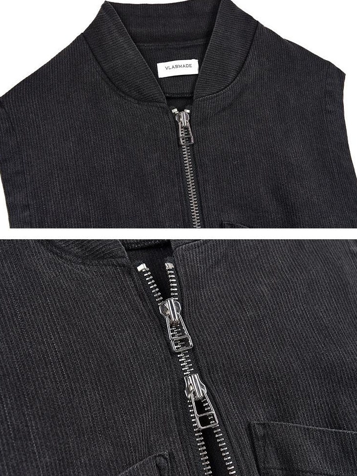VLABMADE Washed Cotton Blend Loose Stand Collar Zipper Patch Pocket Youth Work Vests