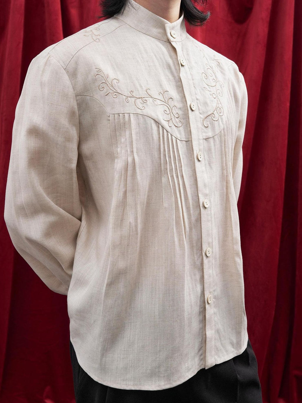 BALITONE Lyocell Linen Embroidered Pleated Regal Stand Collar Unisex Band-Collar Shirts