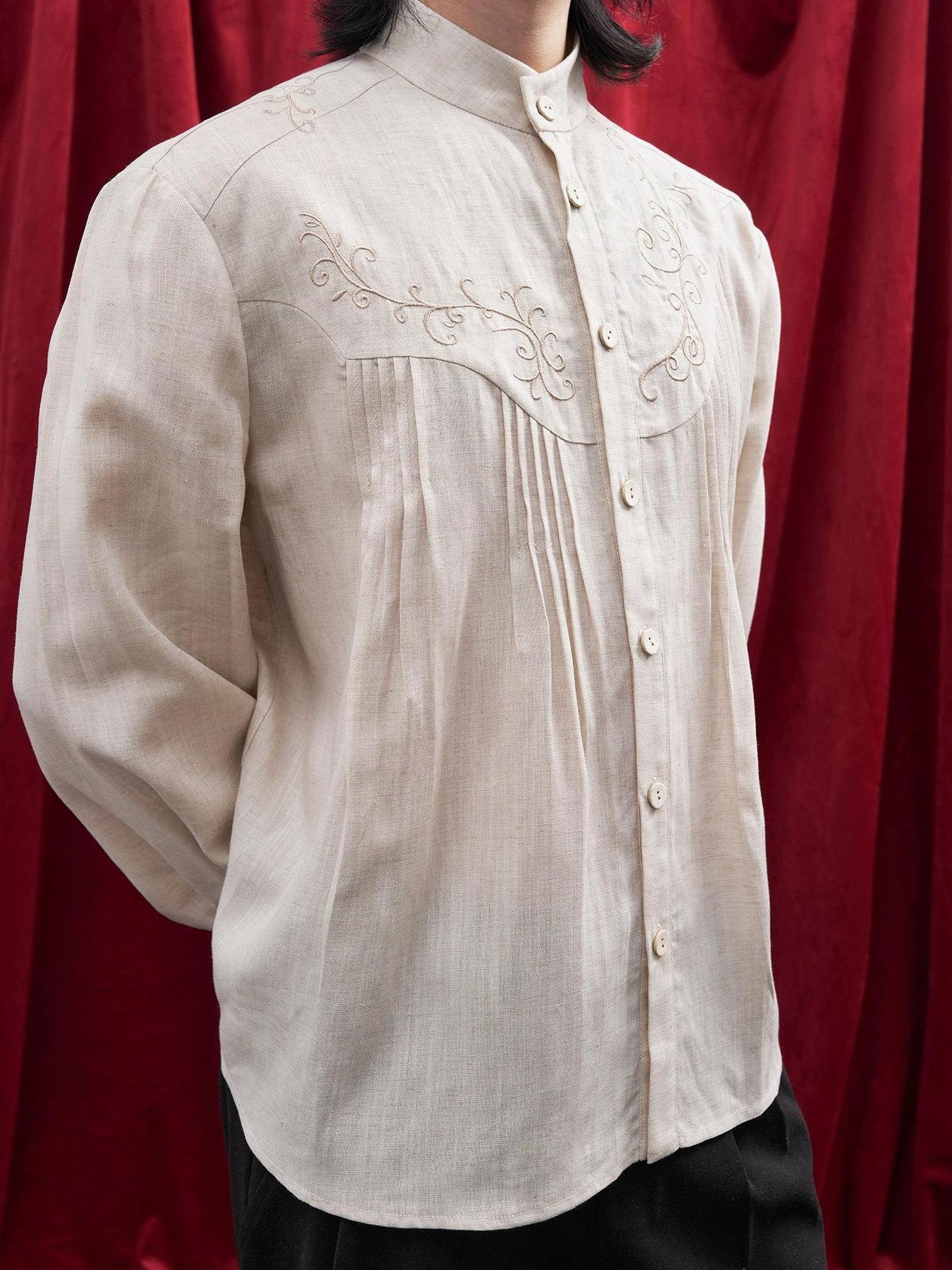 BALITONE Lyocell Linen Embroidered Pleated Regal Stand Collar Unisex Band-Collar Shirts