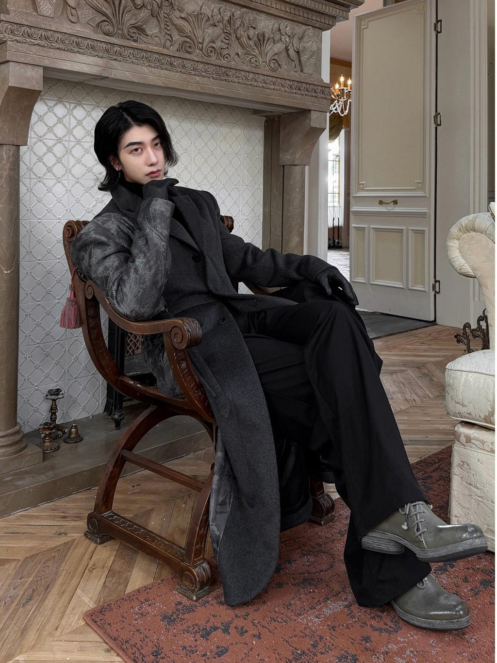 BALITONE Wrinkle Free Slim Fit Irregular Hem Blazer Collar Trendy Deep Gray Wool Coats