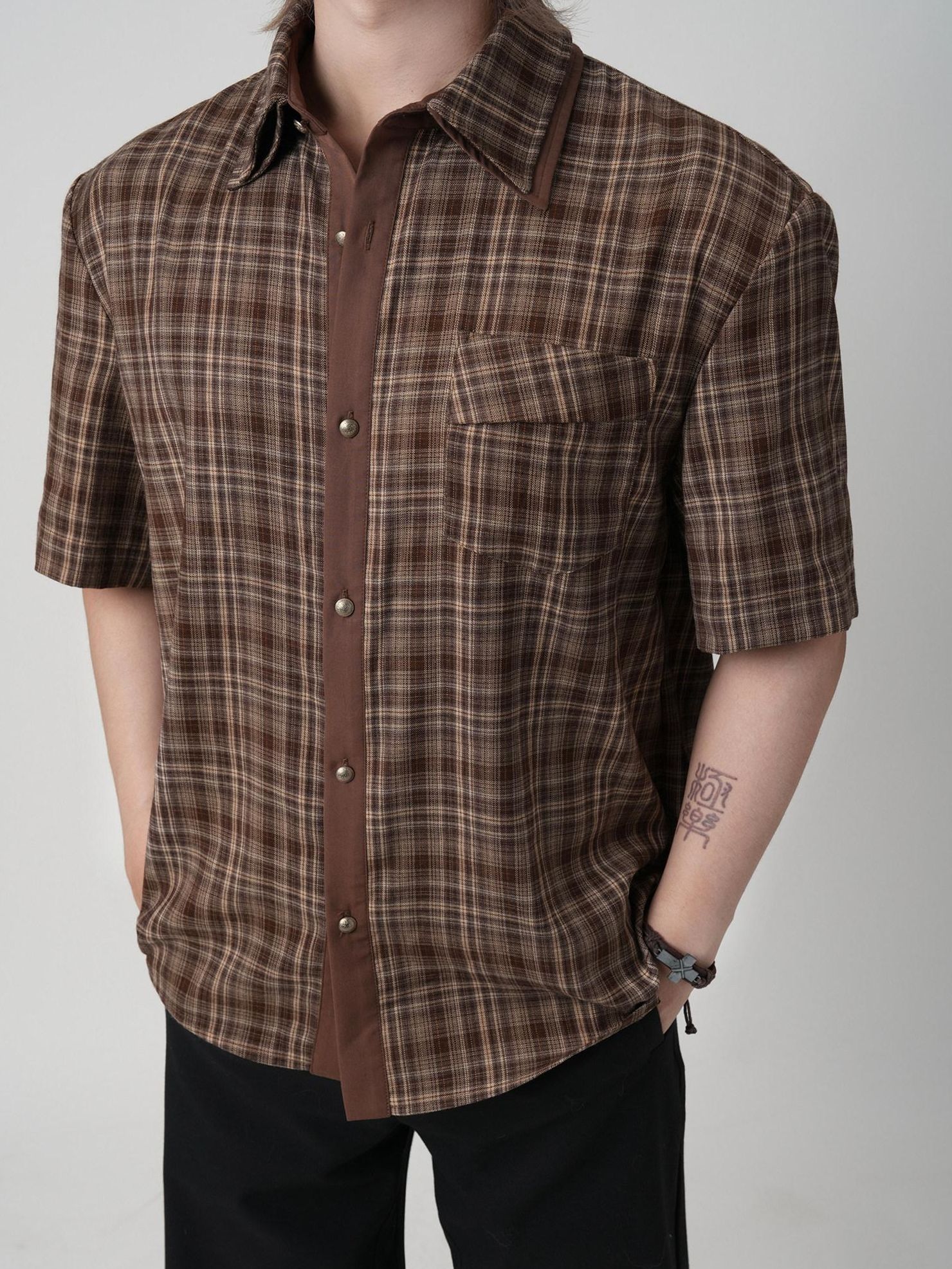 BALITONE Wrinkle Free Loose Fit Patchwork Plaid Collared Unisex Short Sleeve Shirts