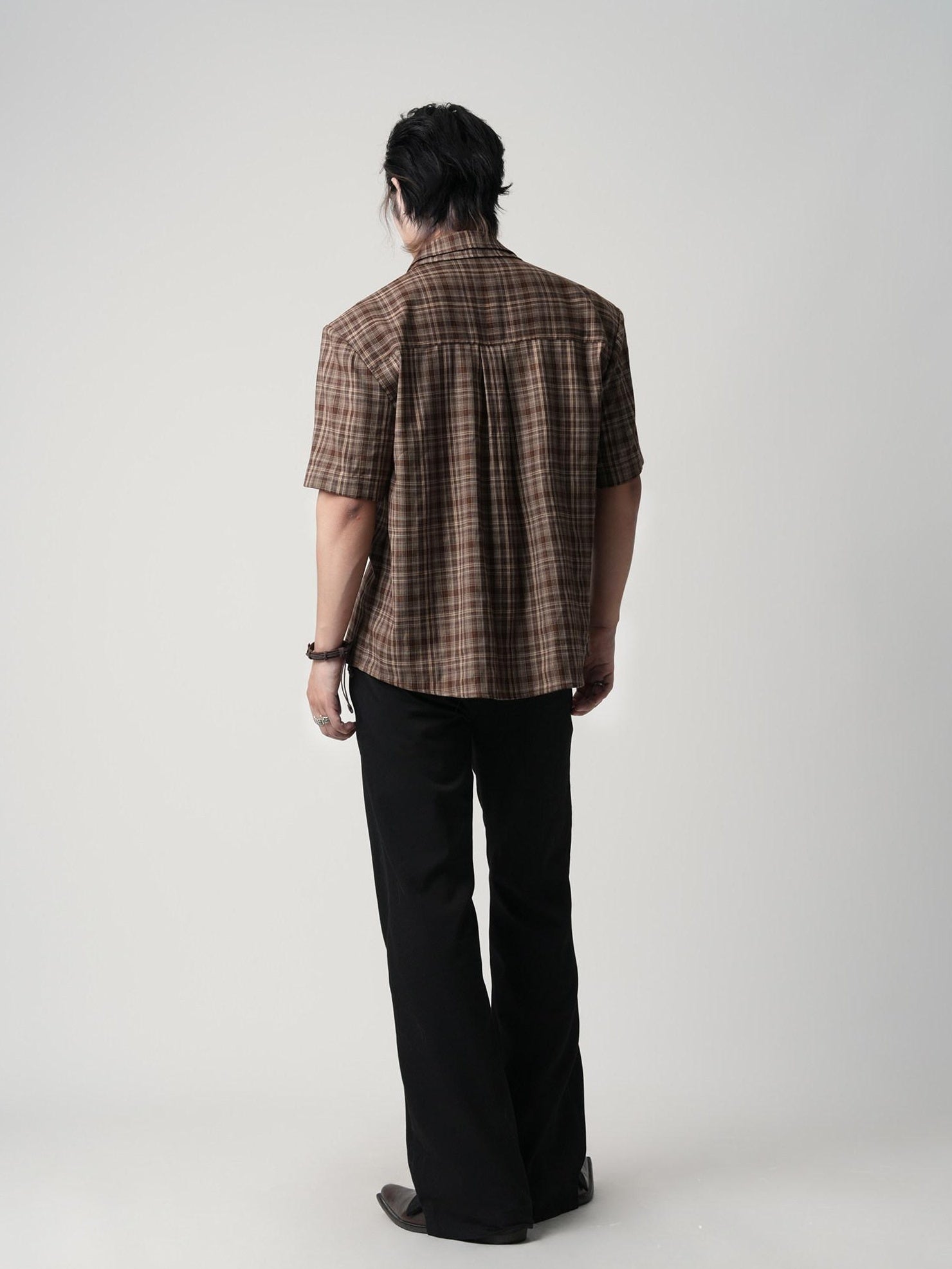 BALITONE Wrinkle Free Loose Fit Patchwork Plaid Collared Unisex Short Sleeve Shirts