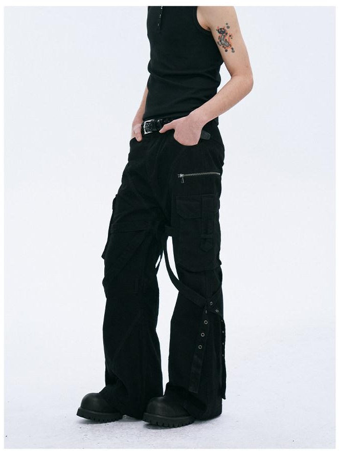 CATSSTAC Tie Detail Button Fly Loose Youth Casual Black Straight Pants