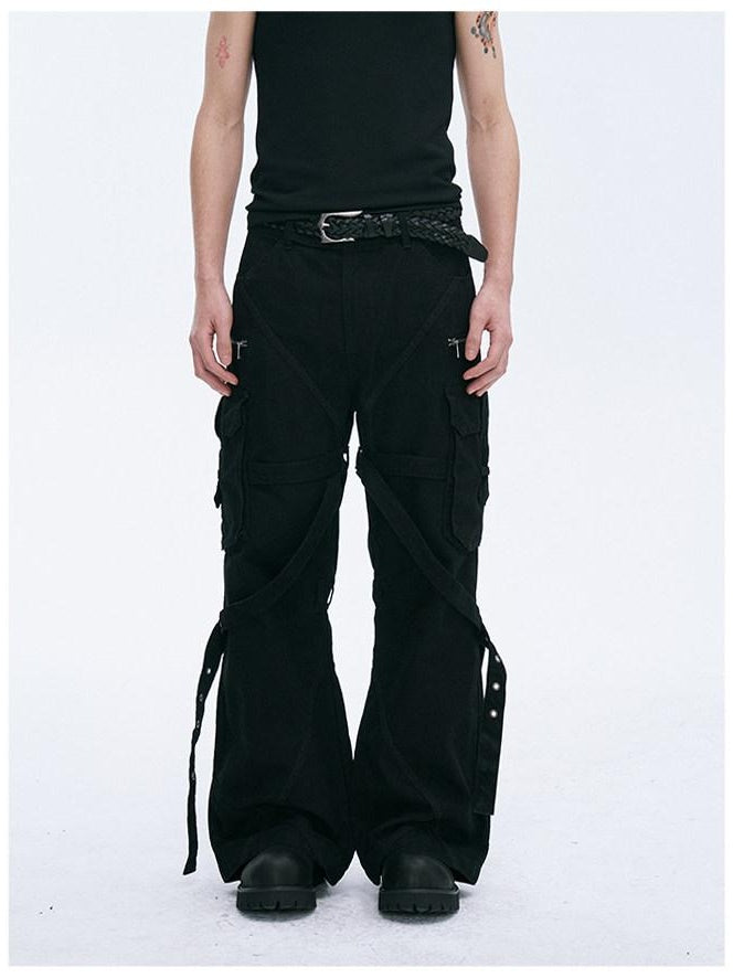 CATSSTAC Tie Detail Button Fly Loose Youth Casual Black Straight Pants