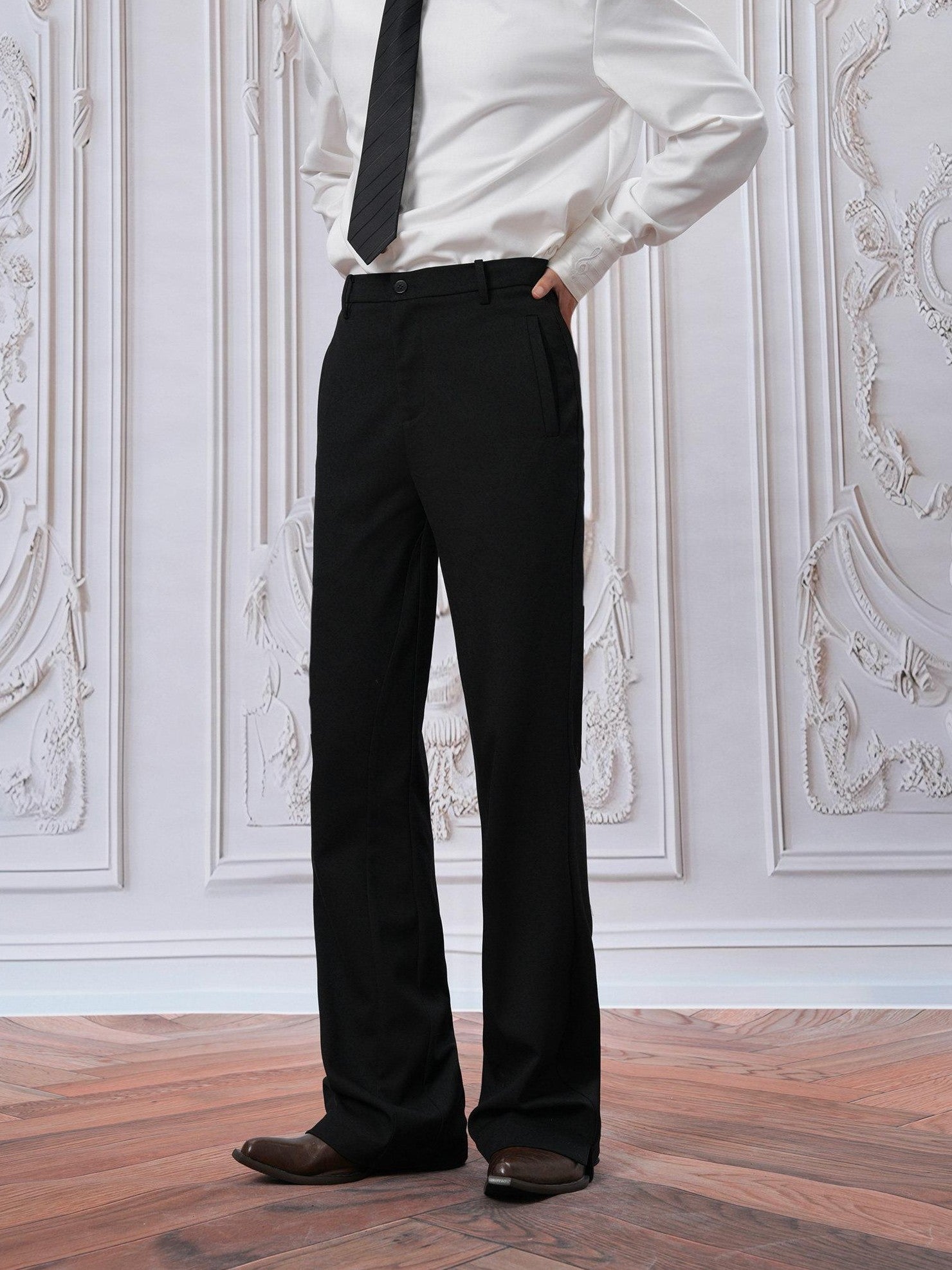 BALITONE 3D Tailored Cleanfit Straight Mid Waist Men Casual Black Flared Trousers