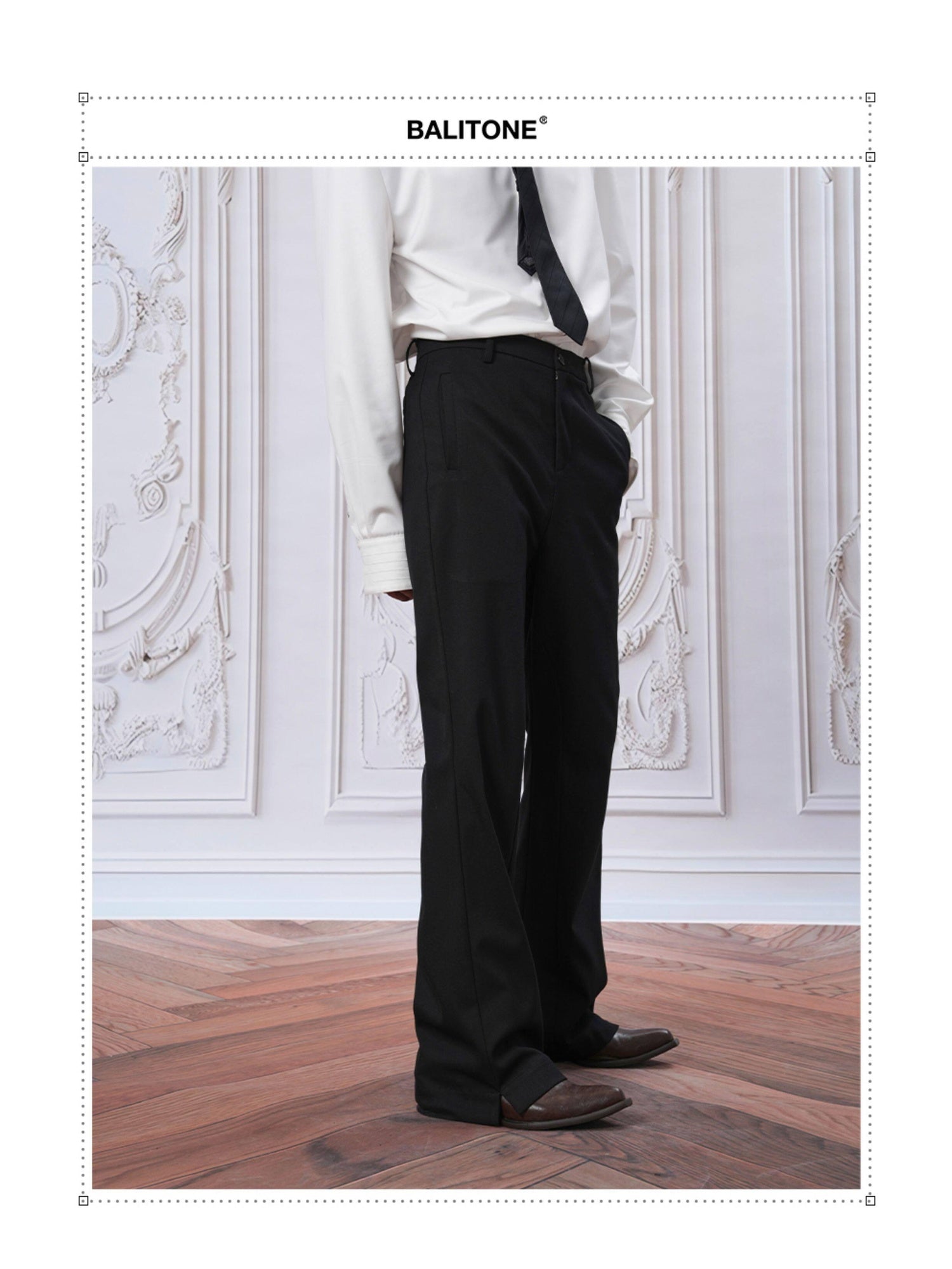 BALITONE 3D Tailored Cleanfit Straight Mid Waist Men Casual Black Flared Trousers