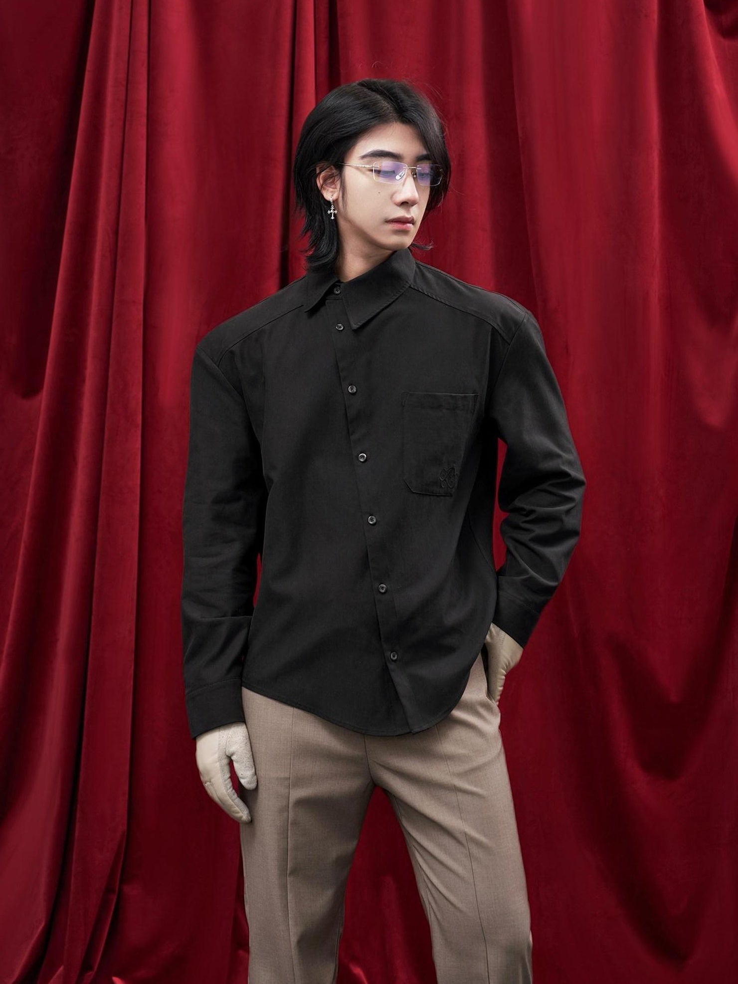 BALITONE Asymmetric Embroidered Slim Retro Unisex Casual Cotton Blend Long Sleeve Shirts