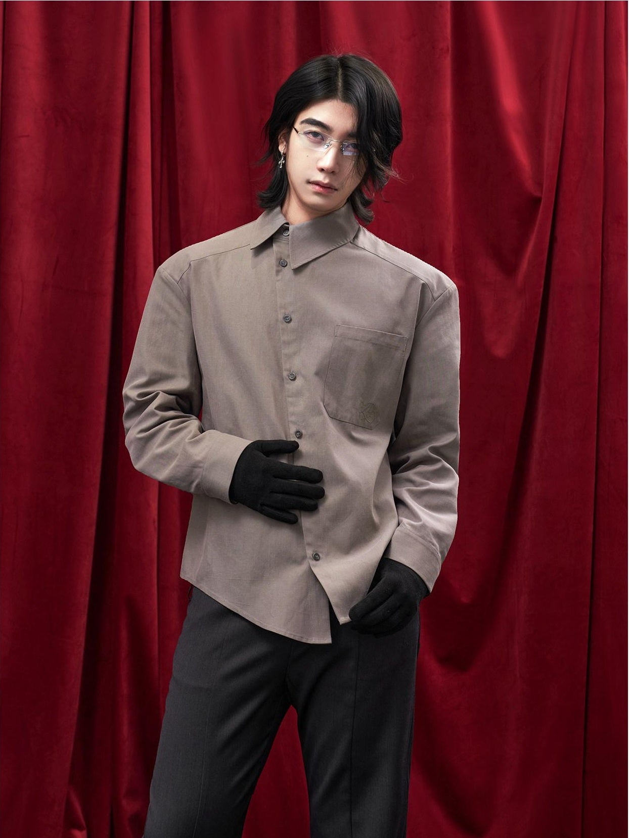 BALITONE Asymmetric Embroidered Slim Retro Unisex Casual Cotton Blend Long Sleeve Shirts