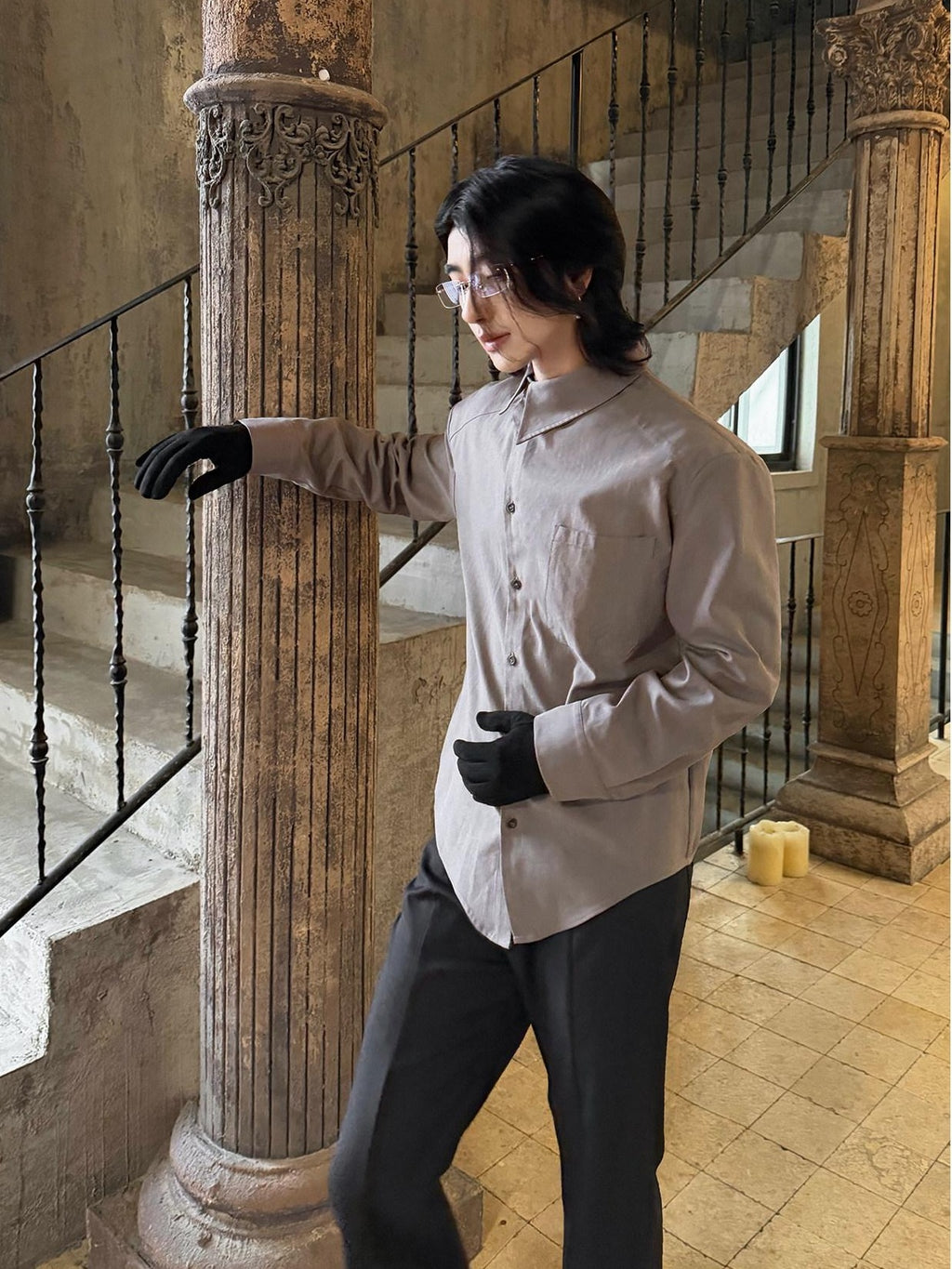 BALITONE Asymmetric Embroidered Slim Retro Unisex Casual Cotton Blend Long Sleeve Shirts