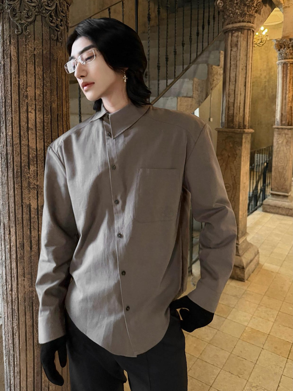 BALITONE Asymmetric Embroidered Slim Retro Unisex Casual Cotton Blend Long Sleeve Shirts