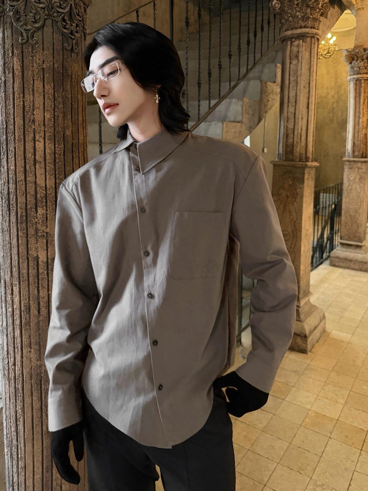 BALITONE Asymmetric Embroidered Slim Retro Unisex Casual Cotton Blend Long Sleeve Shirts