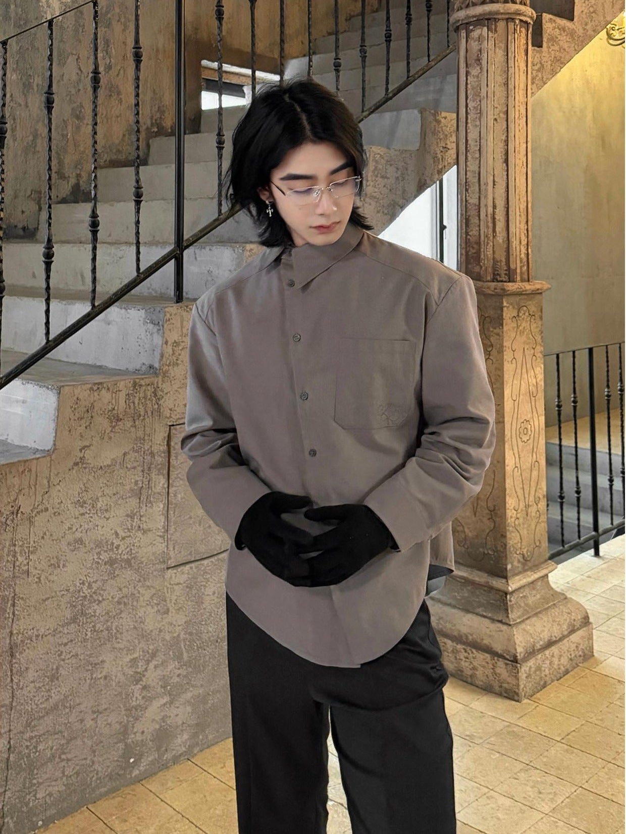 BALITONE Asymmetric Embroidered Slim Retro Unisex Casual Cotton Blend Long Sleeve Shirts