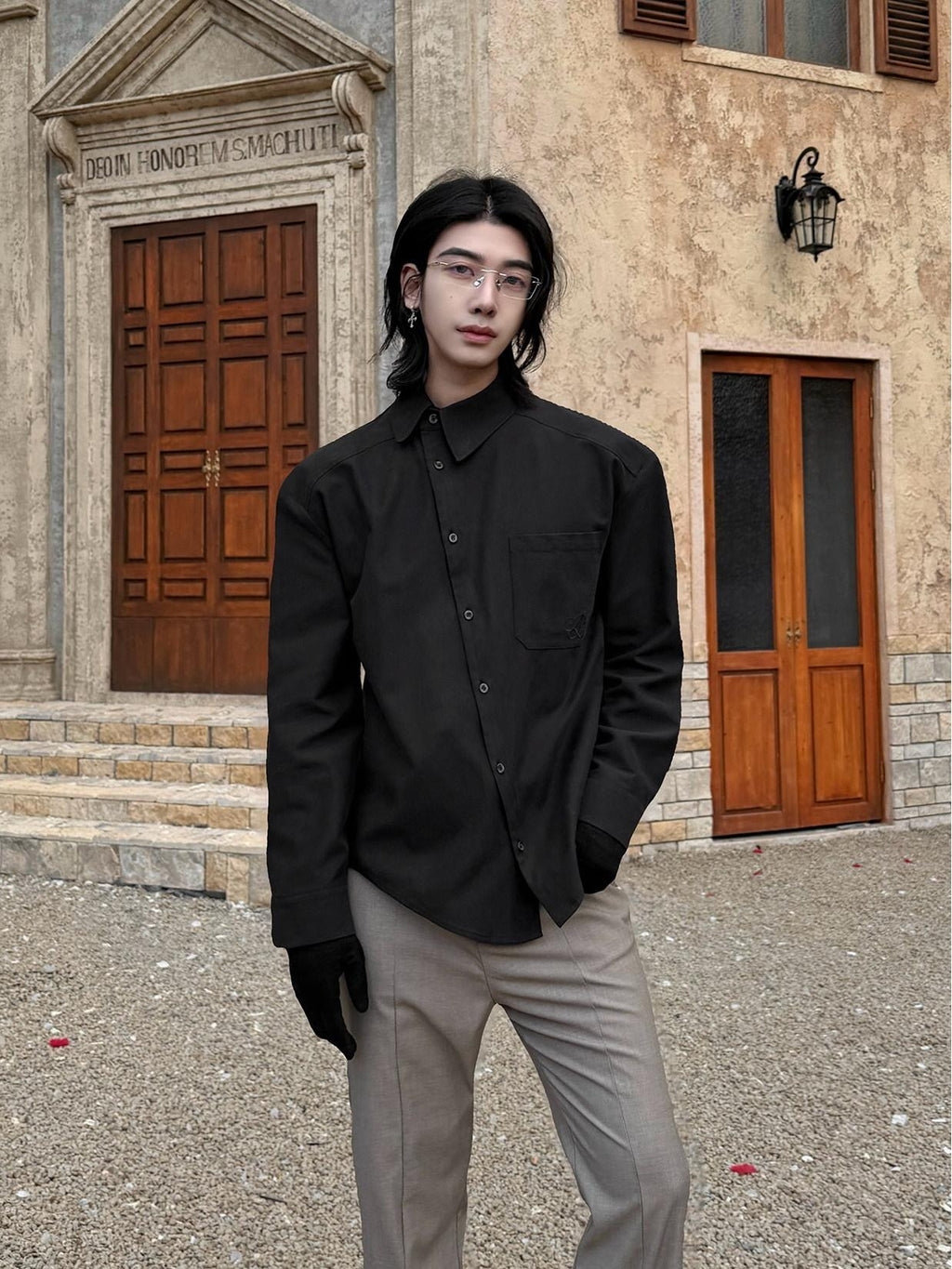 BALITONE Asymmetric Embroidered Slim Retro Unisex Casual Cotton Blend Long Sleeve Shirts