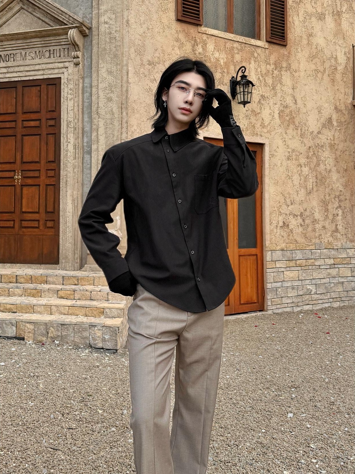 BALITONE Asymmetric Embroidered Slim Retro Unisex Casual Cotton Blend Long Sleeve Shirts