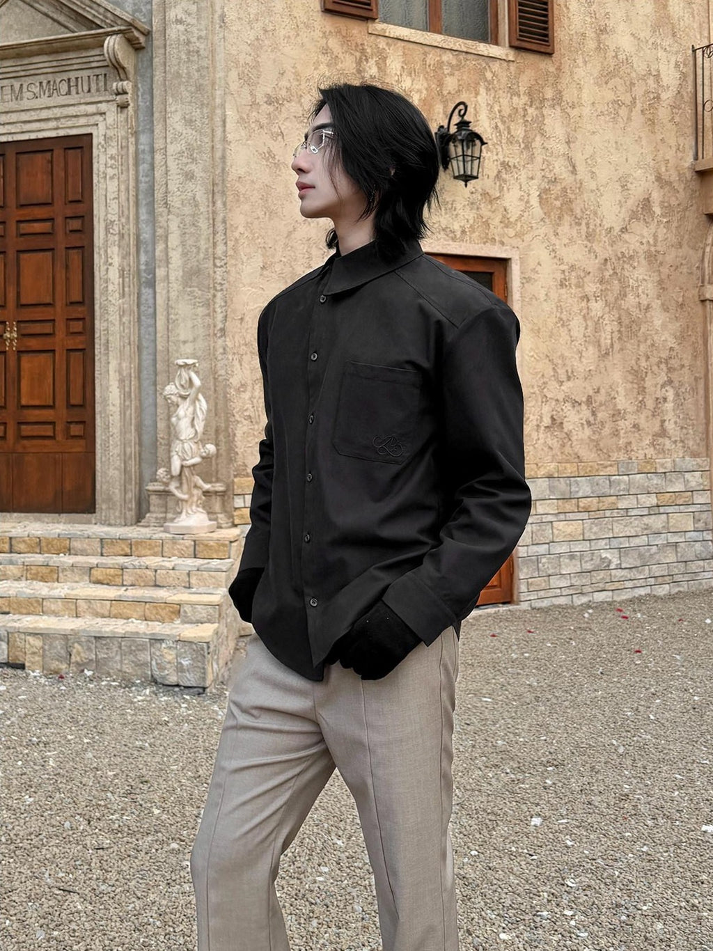 BALITONE Asymmetric Embroidered Slim Retro Unisex Casual Cotton Blend Long Sleeve Shirts