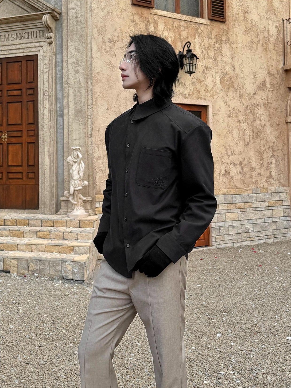 BALITONE Asymmetric Embroidered Slim Retro Unisex Casual Cotton Blend Long Sleeve Shirts