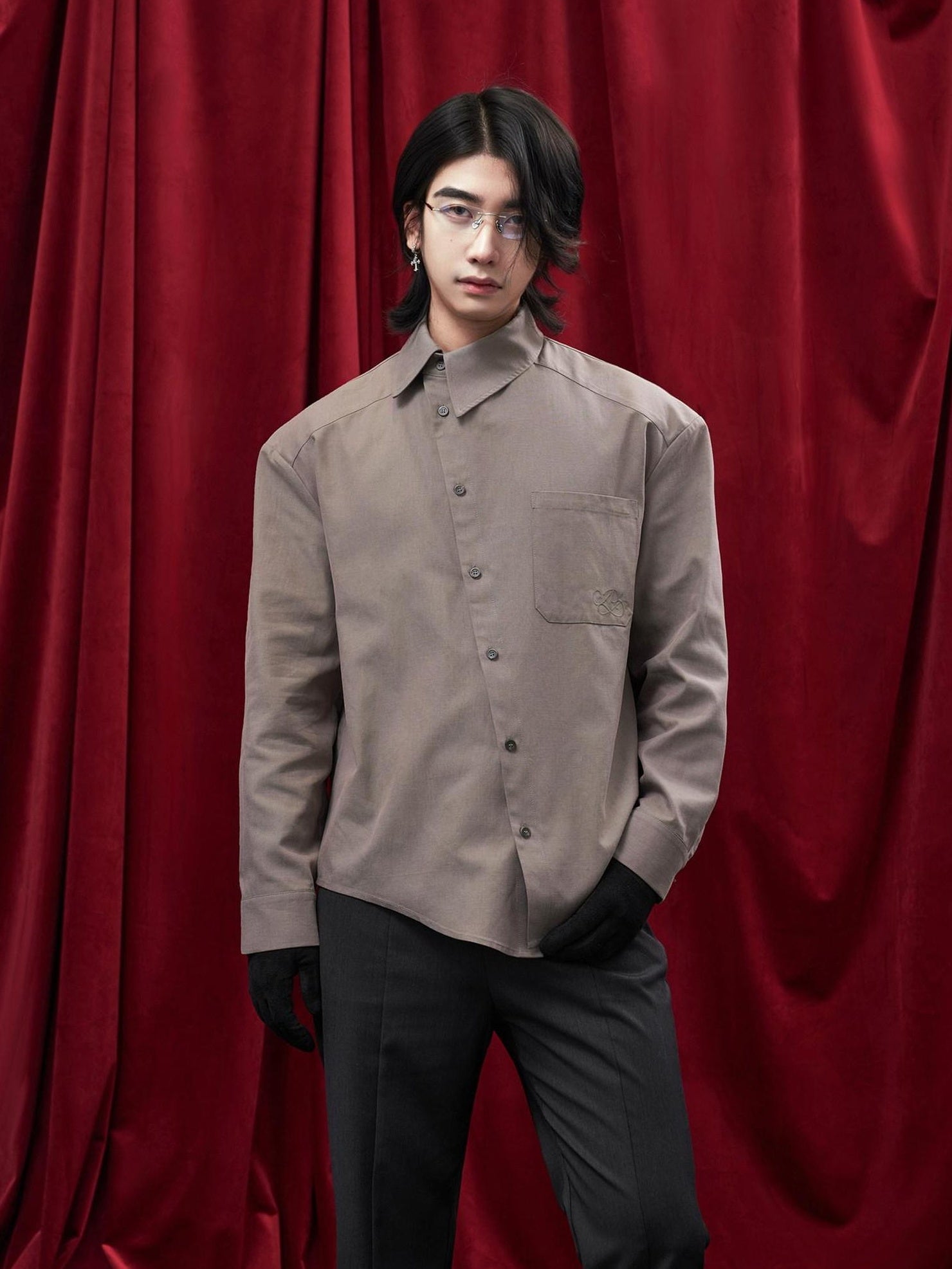 BALITONE Asymmetric Embroidered Slim Retro Unisex Casual Cotton Blend Long Sleeve Shirts