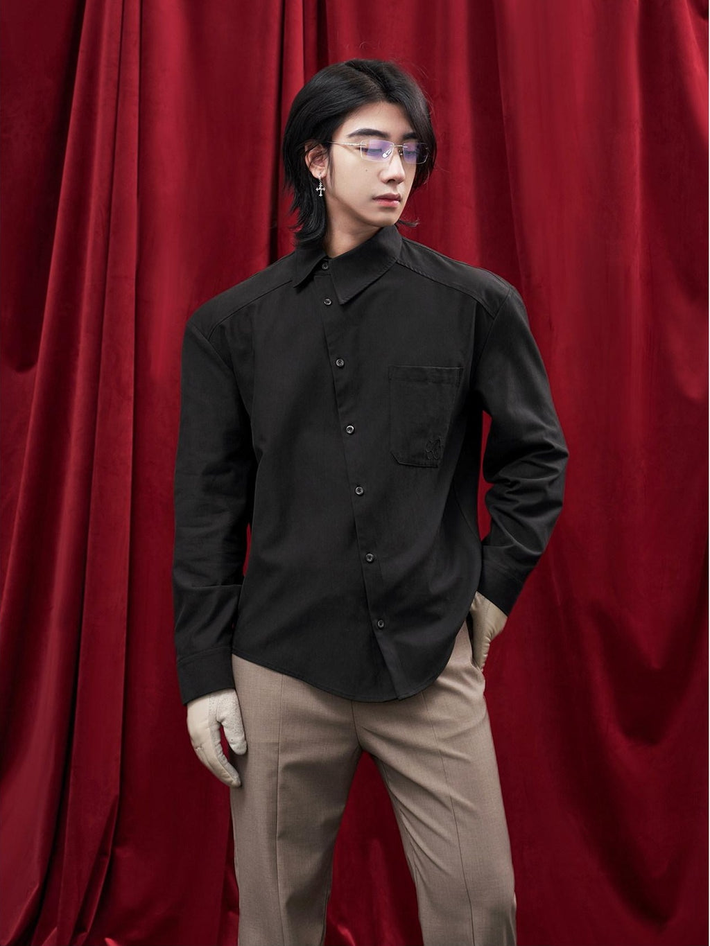 BALITONE Asymmetric Embroidered Slim Retro Unisex Casual Cotton Blend Long Sleeve Shirts