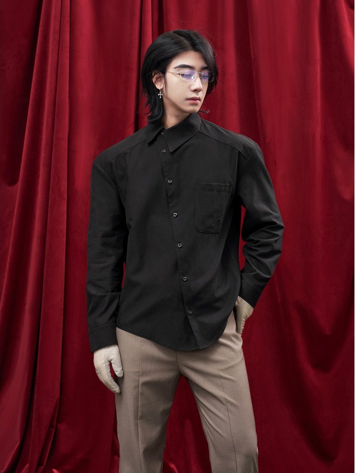 BALITONE Asymmetric Embroidered Slim Retro Unisex Casual Cotton Blend Long Sleeve Shirts