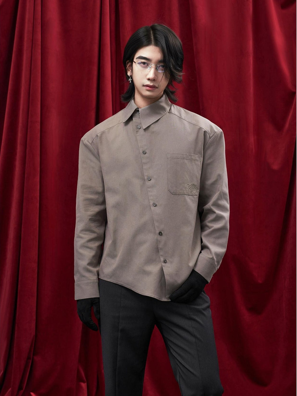 BALITONE Asymmetric Embroidered Slim Retro Unisex Casual Cotton Blend Long Sleeve Shirts