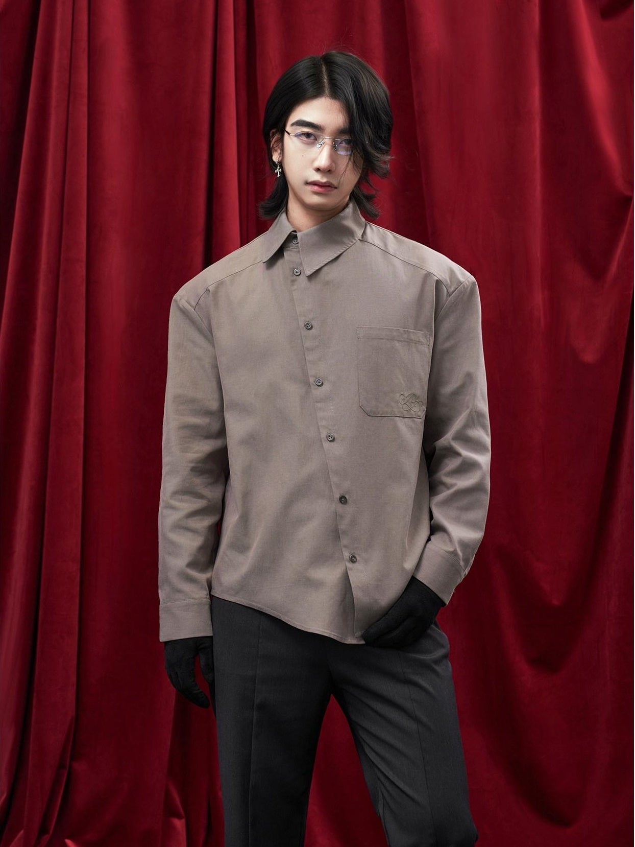 BALITONE Asymmetric Embroidered Slim Retro Unisex Casual Cotton Blend Long Sleeve Shirts