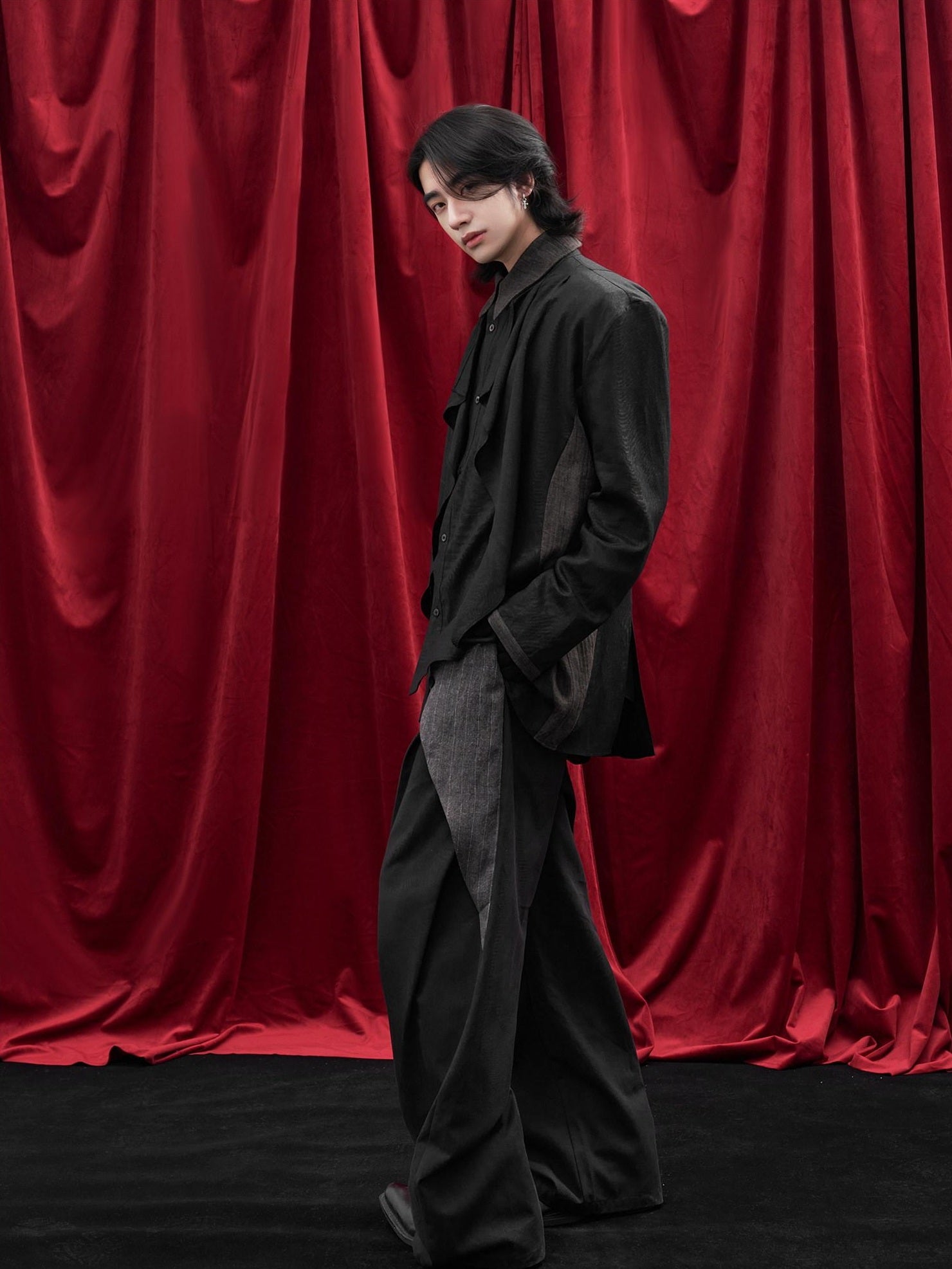 BALITONE Asymmetric Patchwork Minimal Loose Mid Waist Stretch Barrel-Leg Casual Trousers