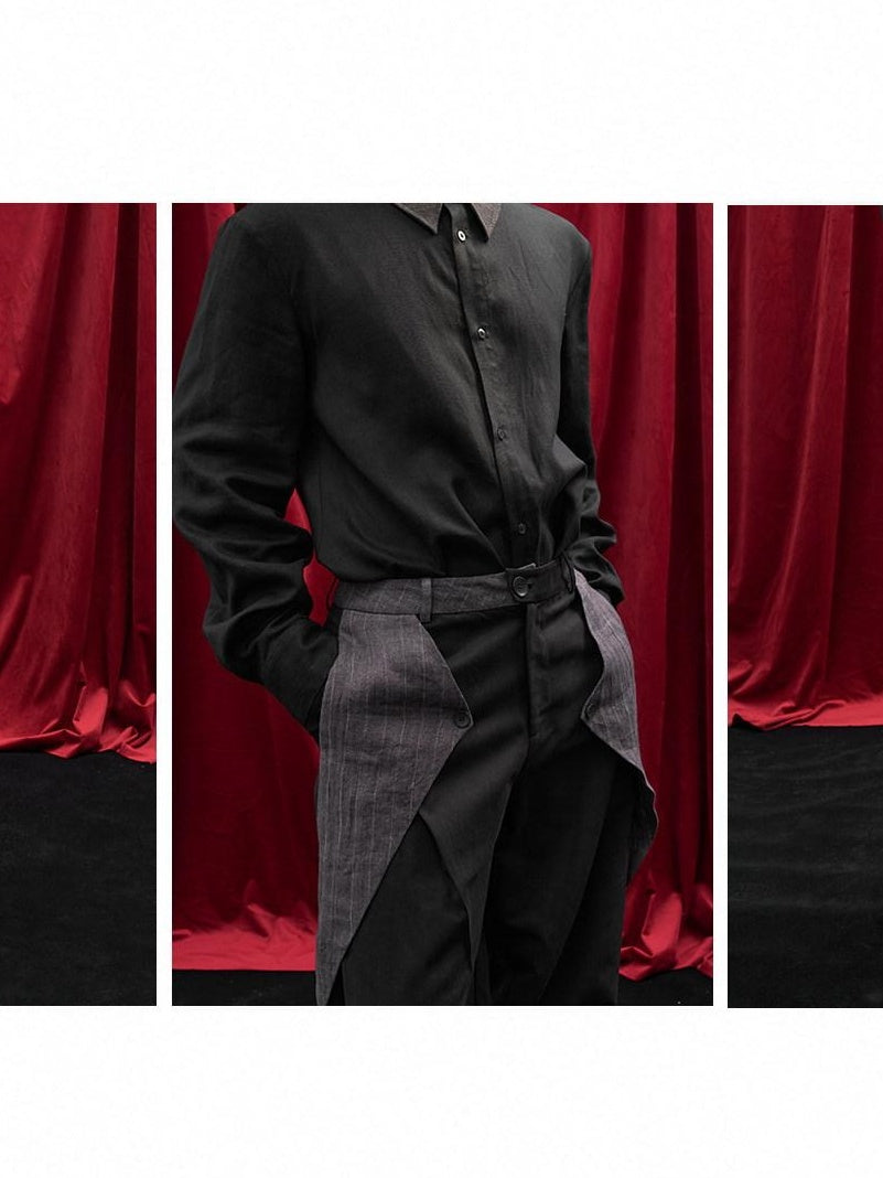 BALITONE Asymmetric Patchwork Minimal Loose Mid Waist Stretch Barrel-Leg Casual Trousers