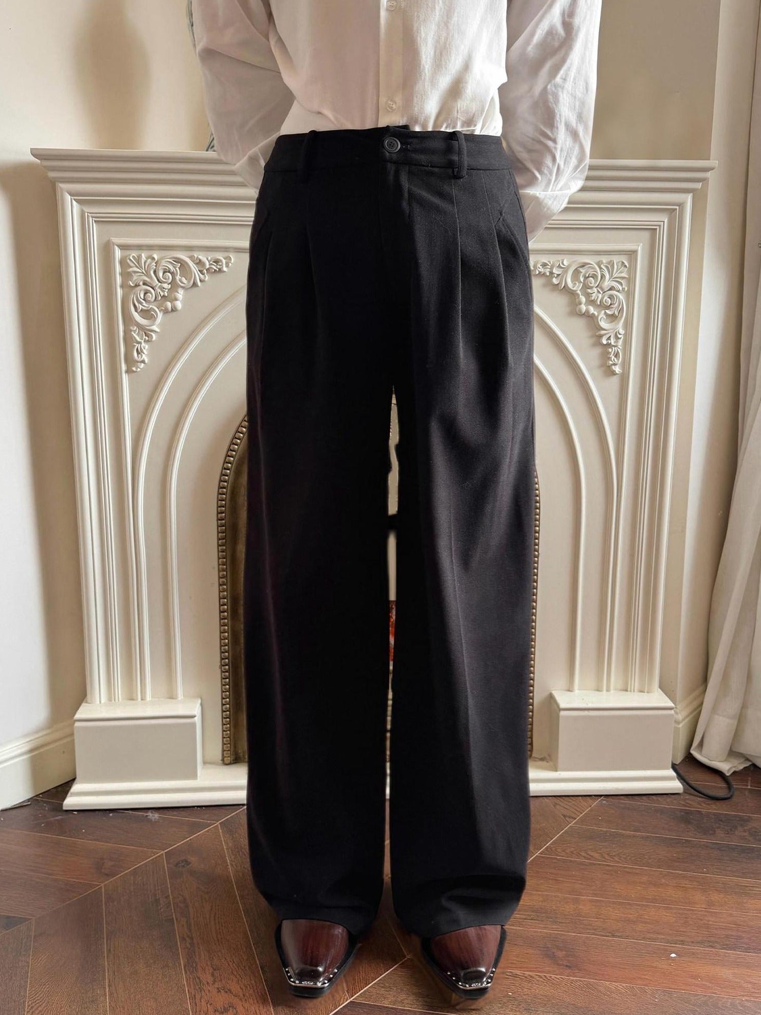 BALITONE Black Mid Rise Wide Leg Tailored Cut Unisex Relaxed-Fit Casual Trousers