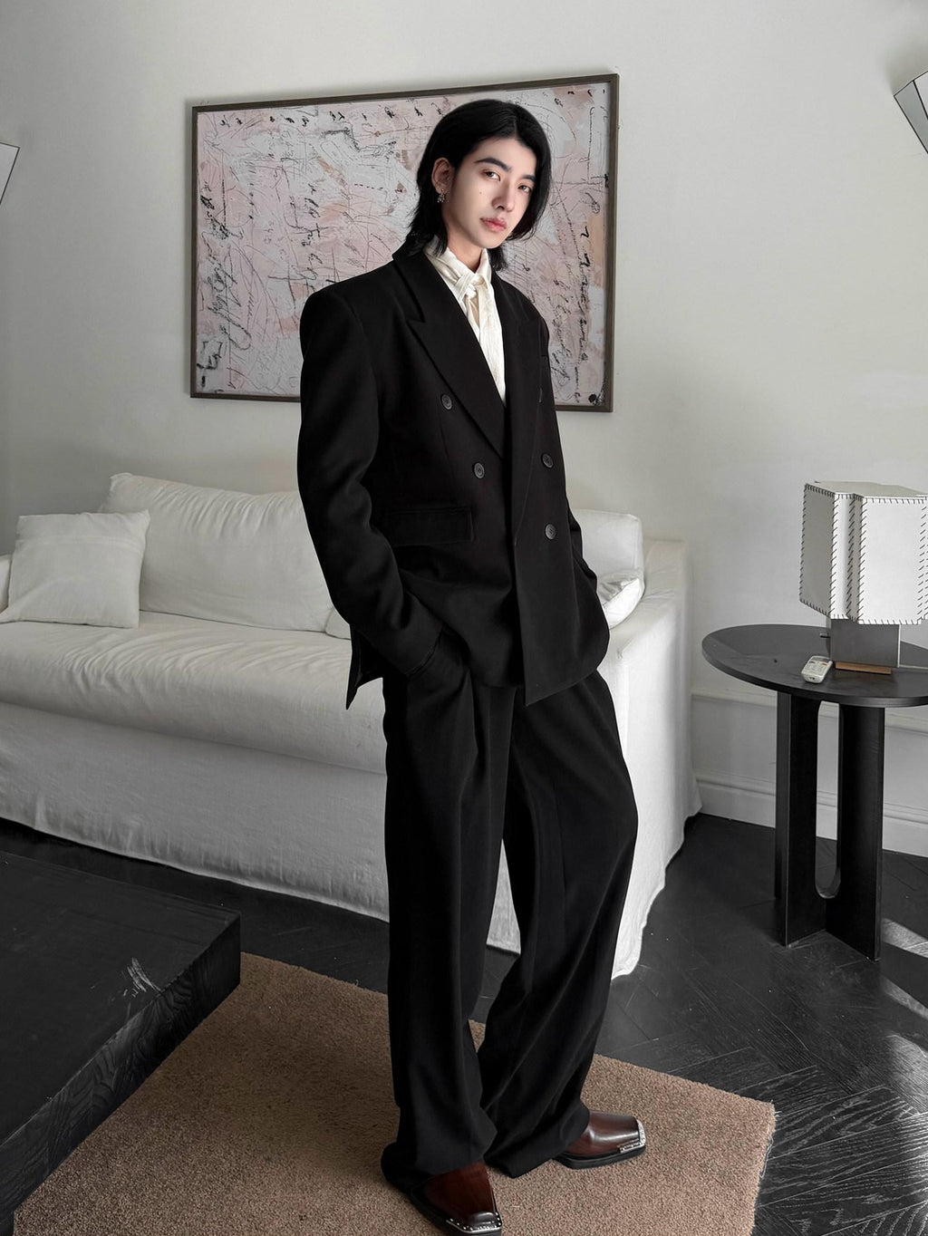 BALITONE Black Mid Rise Wide Leg Tailored Cut Unisex Relaxed-Fit Casual Trousers