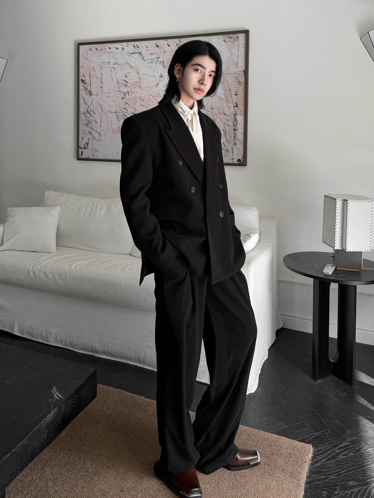 BALITONE Black Mid Rise Wide Leg Tailored Cut Unisex Relaxed-Fit Casual Trousers