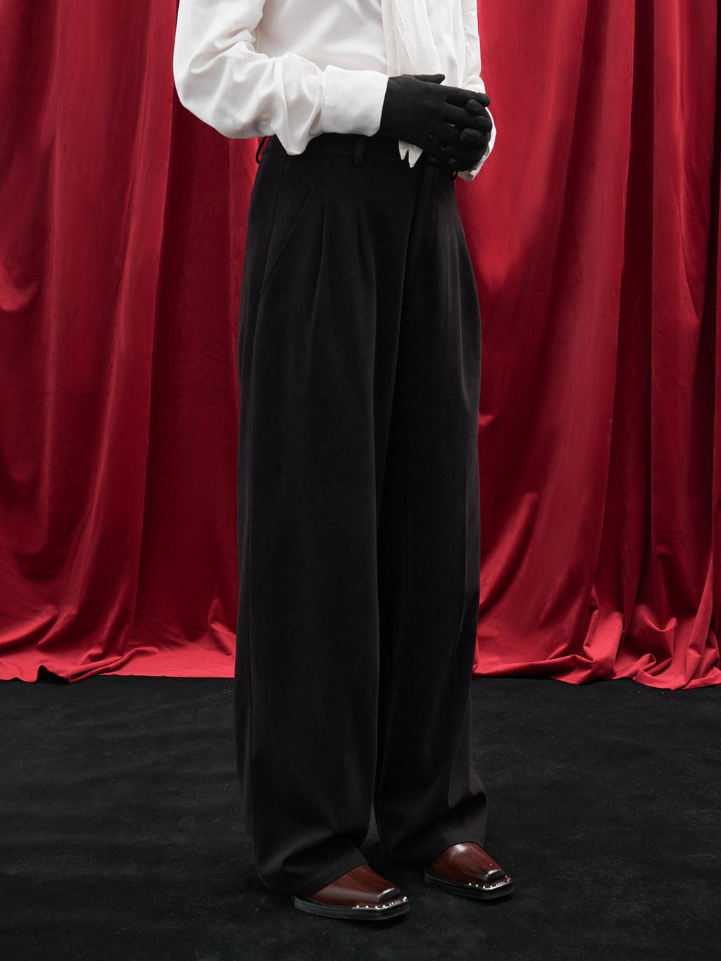 BALITONE Black Mid Rise Wide Leg Tailored Cut Unisex Relaxed-Fit Casual Trousers
