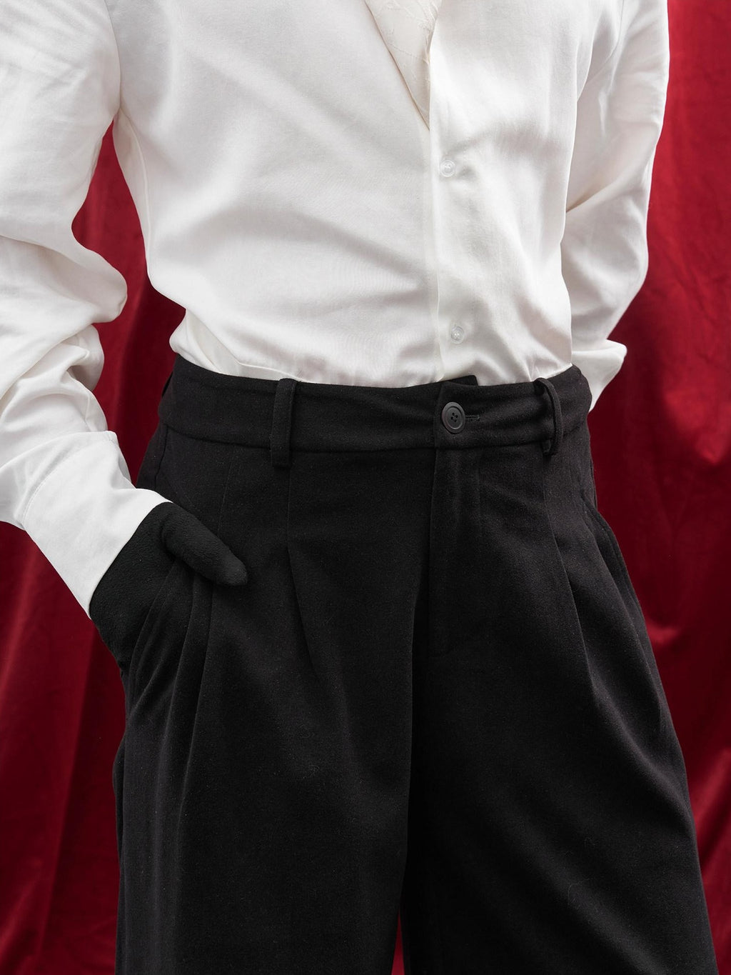 BALITONE Black Mid Rise Wide Leg Tailored Cut Unisex Relaxed-Fit Casual Trousers