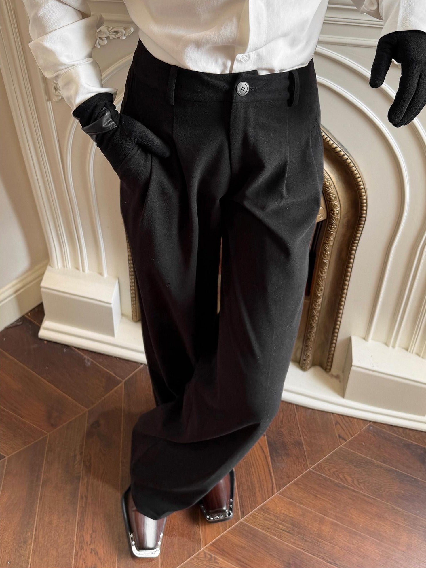 BALITONE Black Mid Rise Wide Leg Tailored Cut Unisex Relaxed-Fit Casual Trousers