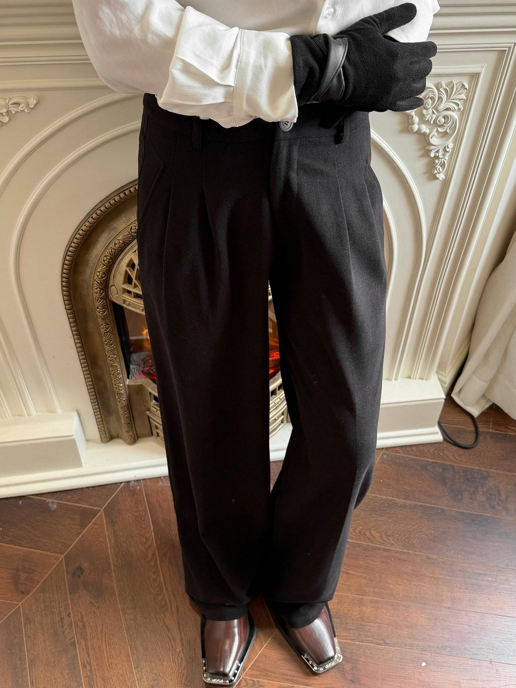 BALITONE Black Mid Rise Wide Leg Tailored Cut Unisex Relaxed-Fit Casual Trousers