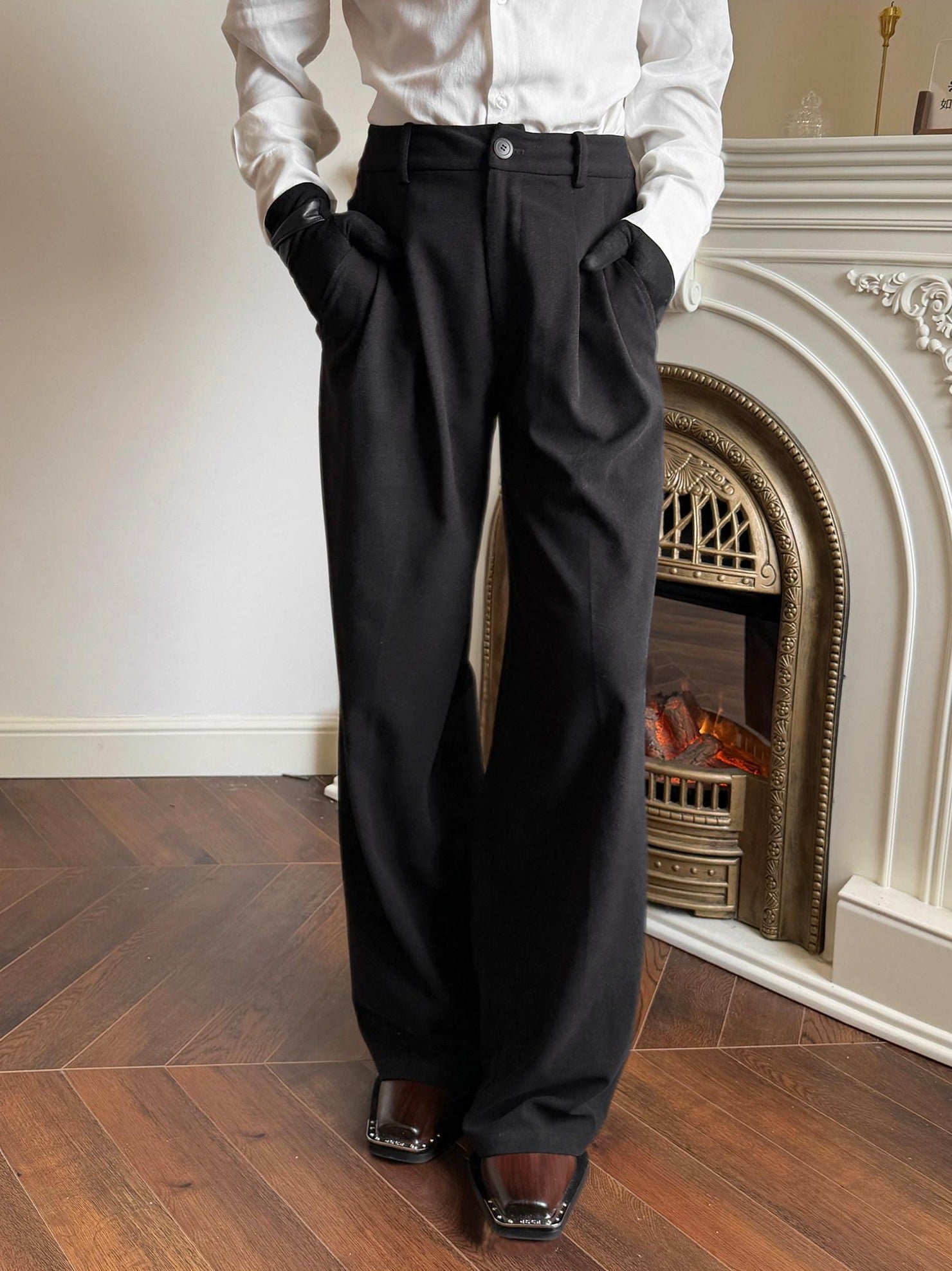 BALITONE Black Mid Rise Wide Leg Tailored Cut Unisex Relaxed-Fit Casual Trousers