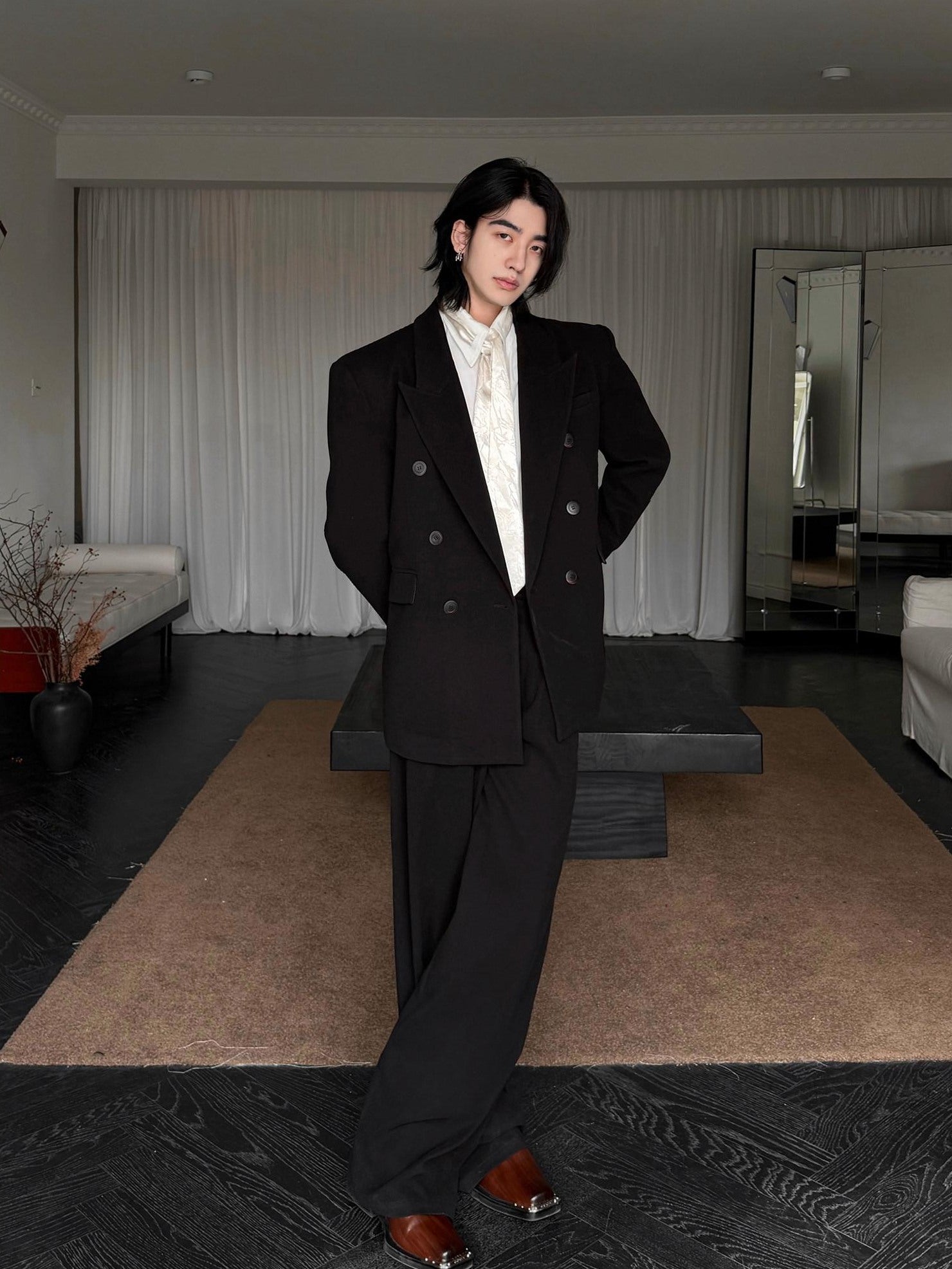 BALITONE Black Mid Rise Wide Leg Tailored Cut Unisex Relaxed-Fit Casual Trousers