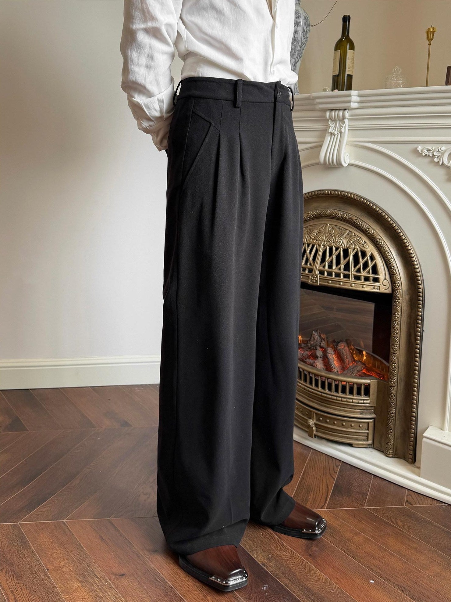 BALITONE Black Mid Rise Wide Leg Tailored Cut Unisex Relaxed-Fit Casual Trousers