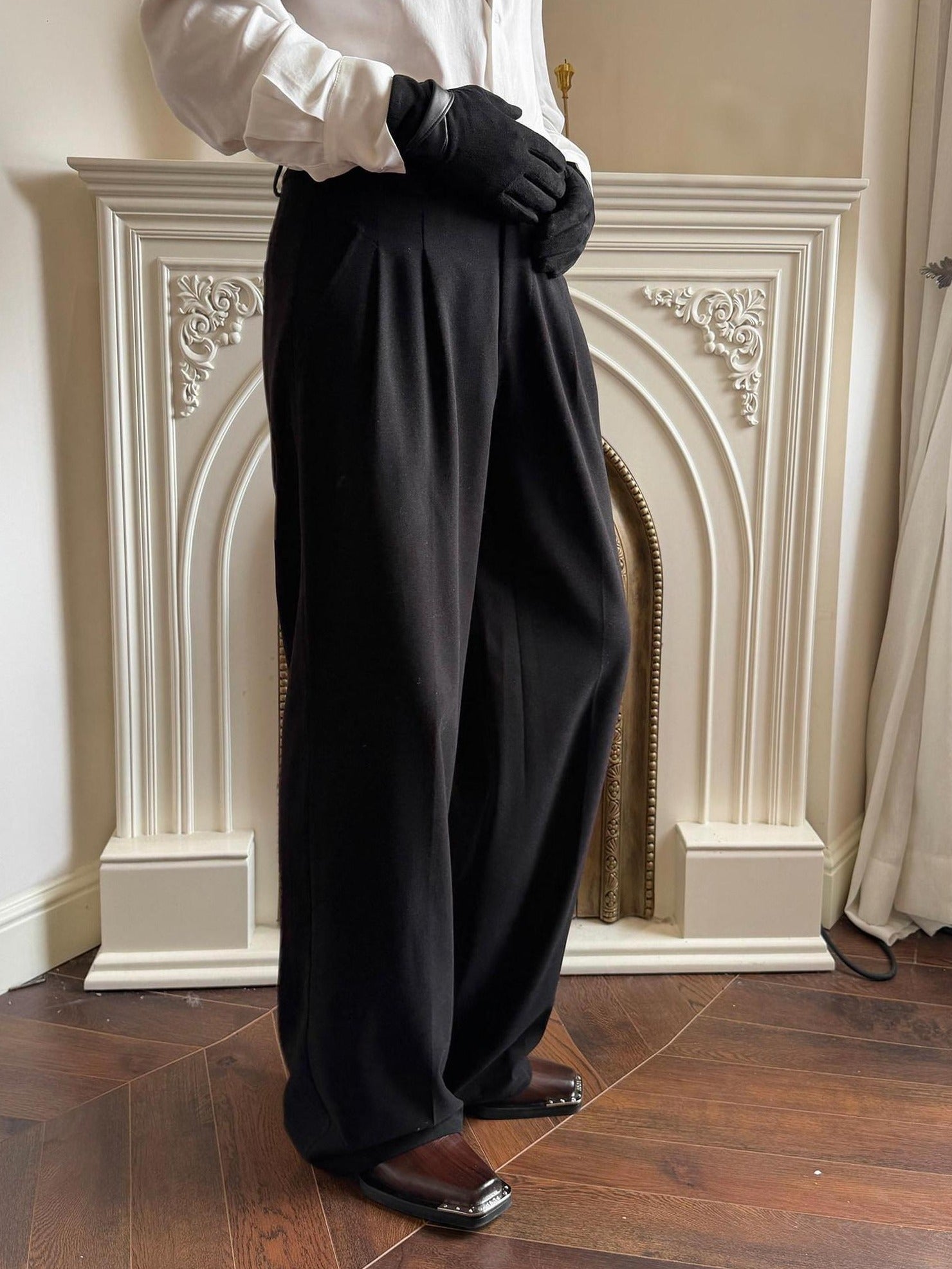 BALITONE Black Mid Rise Wide Leg Tailored Cut Unisex Relaxed-Fit Casual Trousers