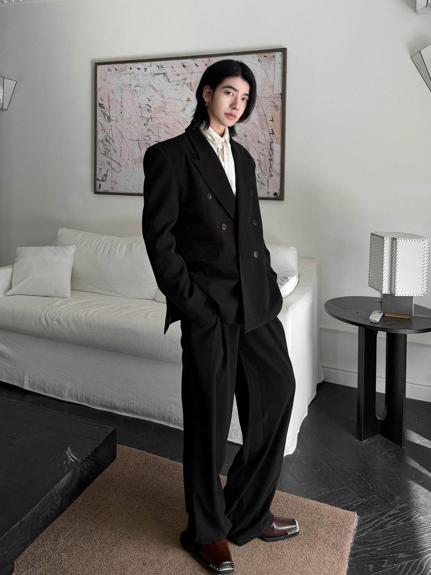 BALITONE Black Mid Rise Wide Leg Tailored Cut Unisex Relaxed-Fit Casual Trousers