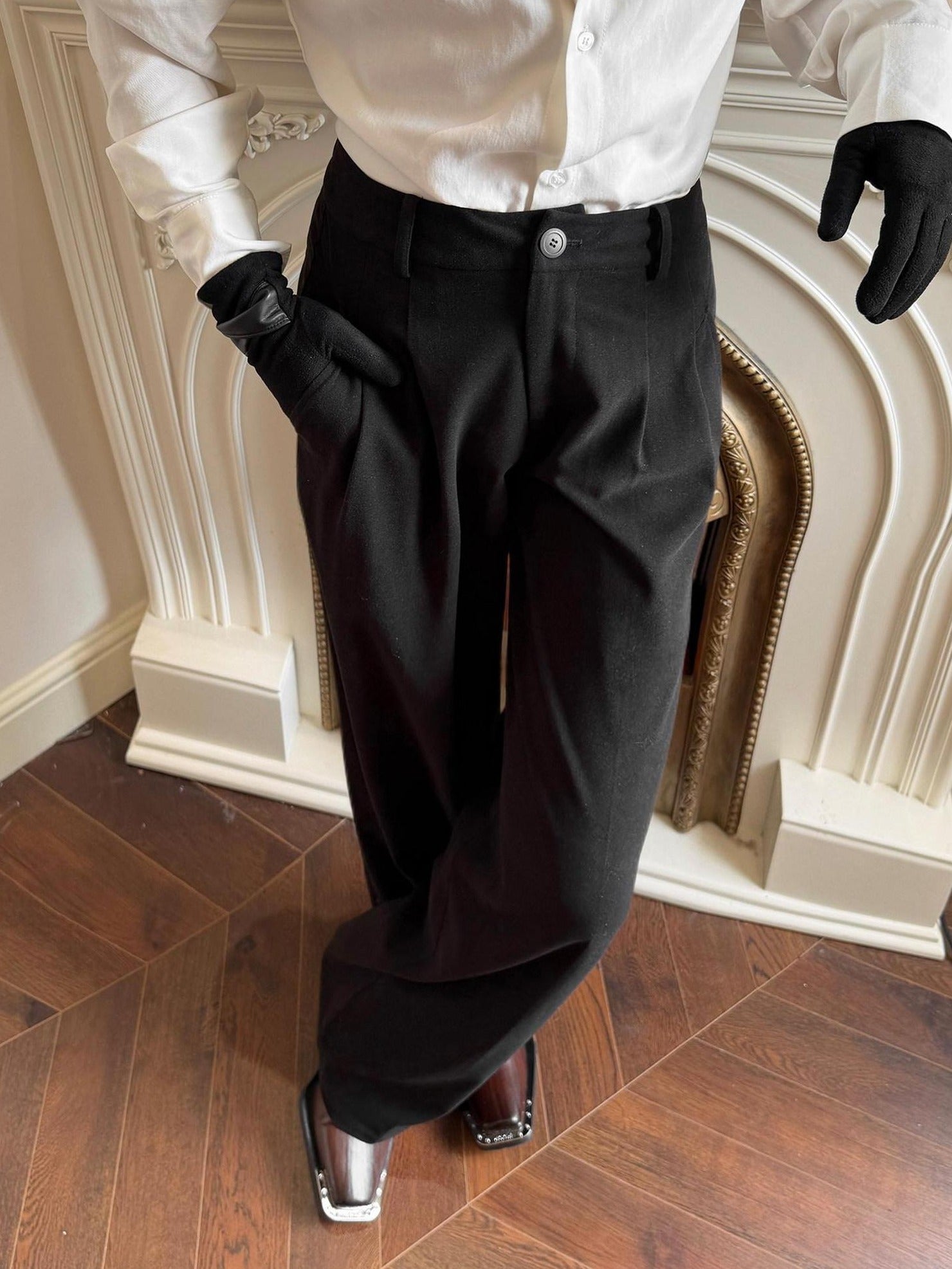 BALITONE Black Mid Rise Wide Leg Tailored Cut Unisex Relaxed-Fit Casual Trousers