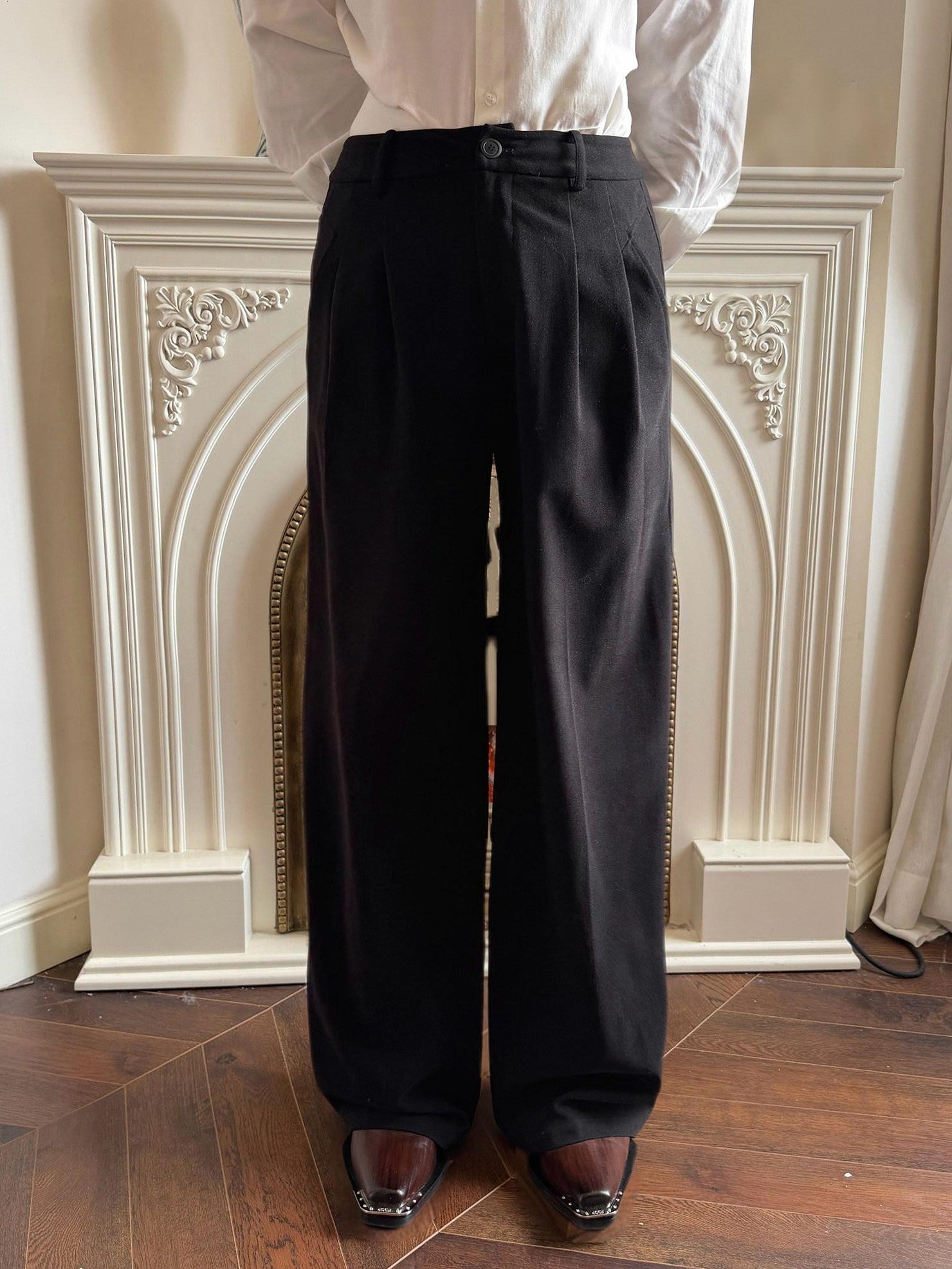 BALITONE Black Mid Rise Wide Leg Tailored Cut Unisex Relaxed-Fit Casual Trousers