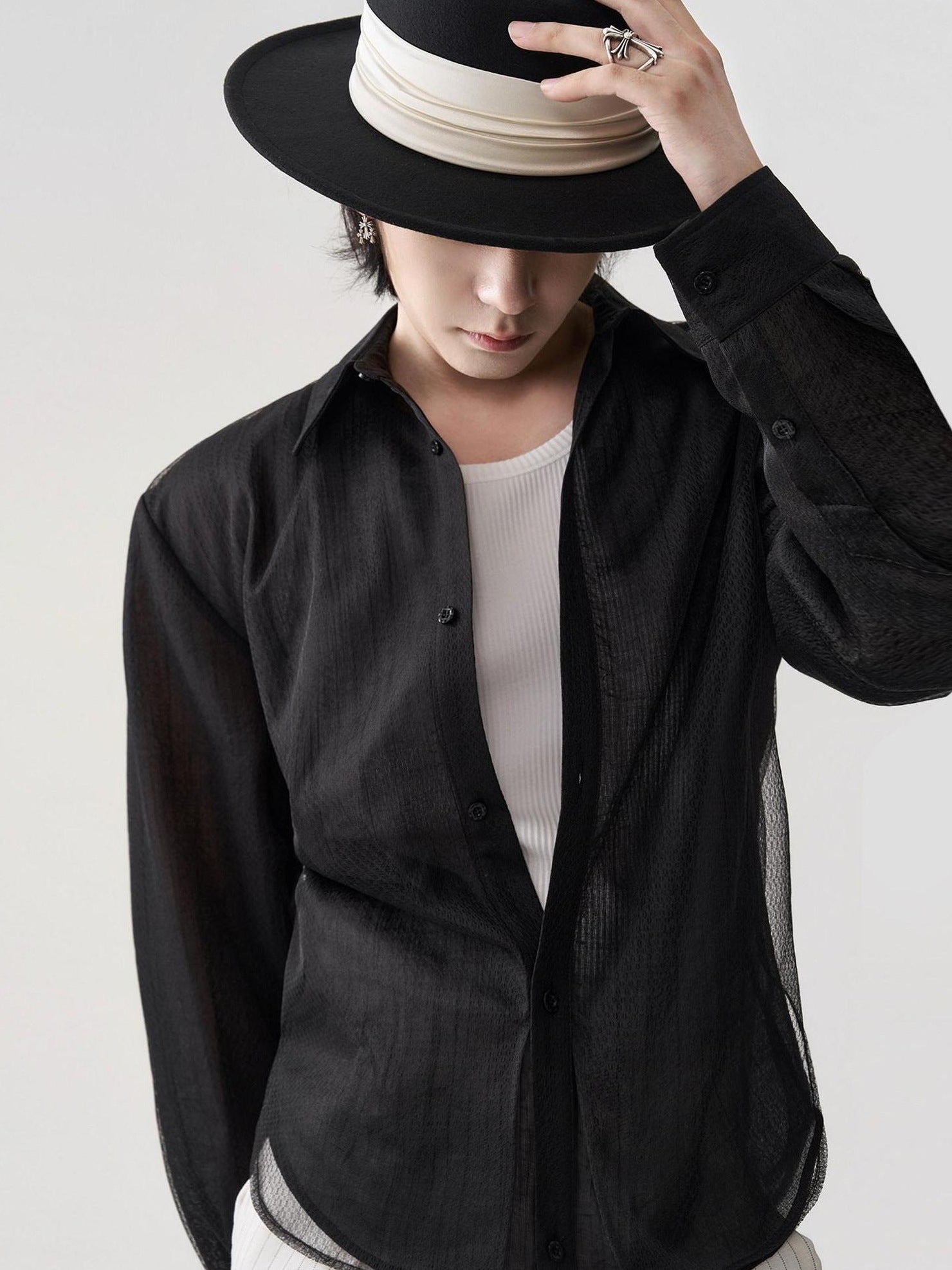BALITONE Breathable Asymmetric Spliced Loose Unisex Button Collar Black Long Sleeve Shirts